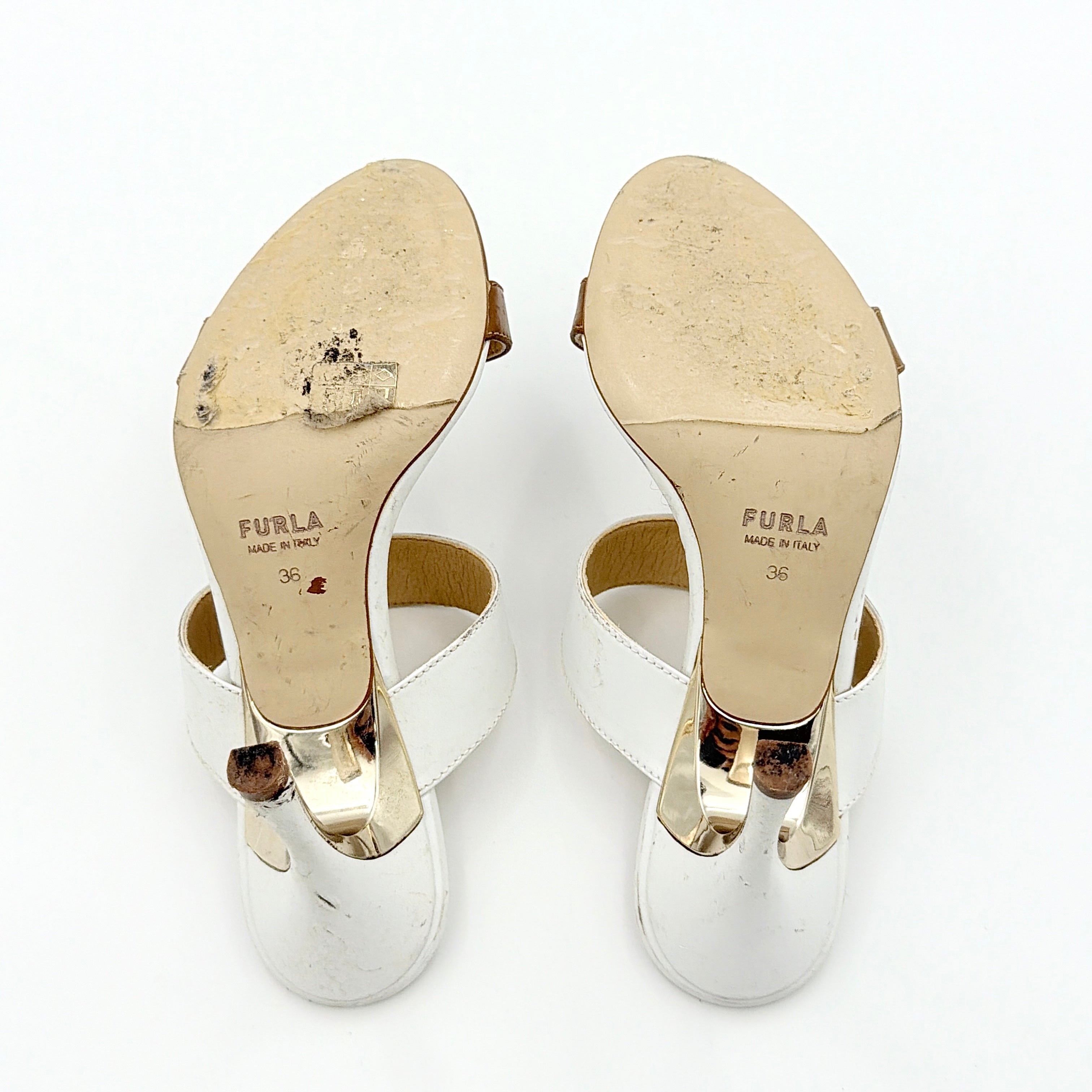 Furla brown and white colorblock mule sandals with gold-tone logo hardware and high white heel, size EU36