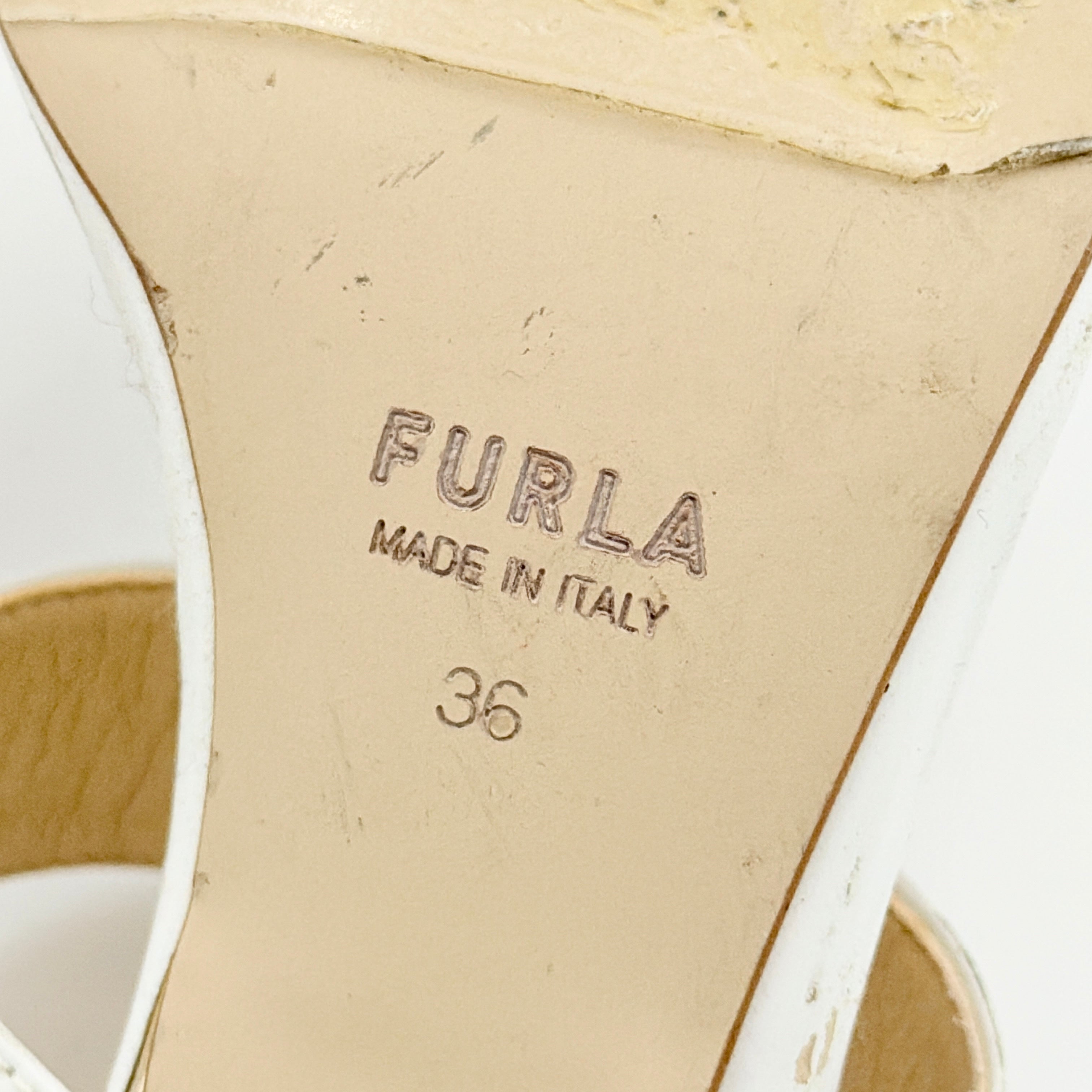 Furla brown and white colorblock mule sandals with gold-tone logo hardware and high white heel, size EU36