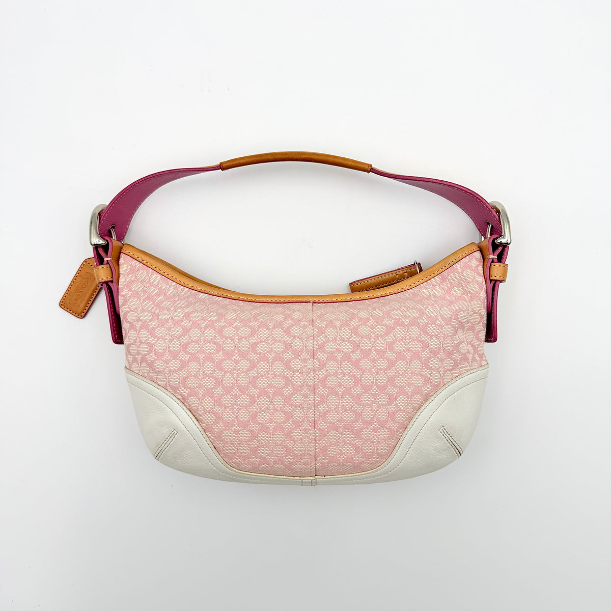 Coach Y2K Signature Hobo Shoulder Bag in pink jacquard with tan and white leather trim, shown on a white background.