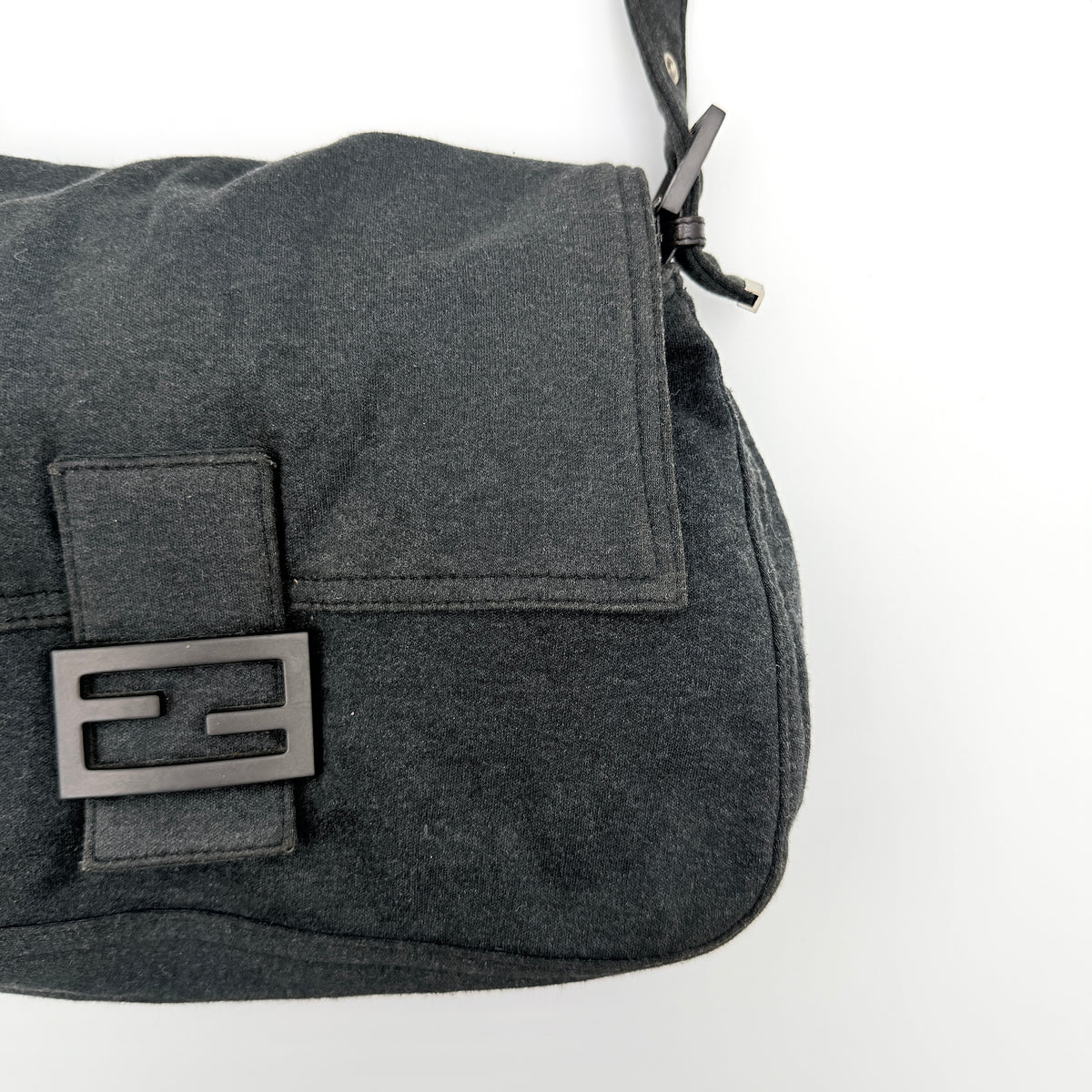 Fendi Mamma Baguette in grey textile with matte FF plaque, shown with original yellow Fendi dust bag.