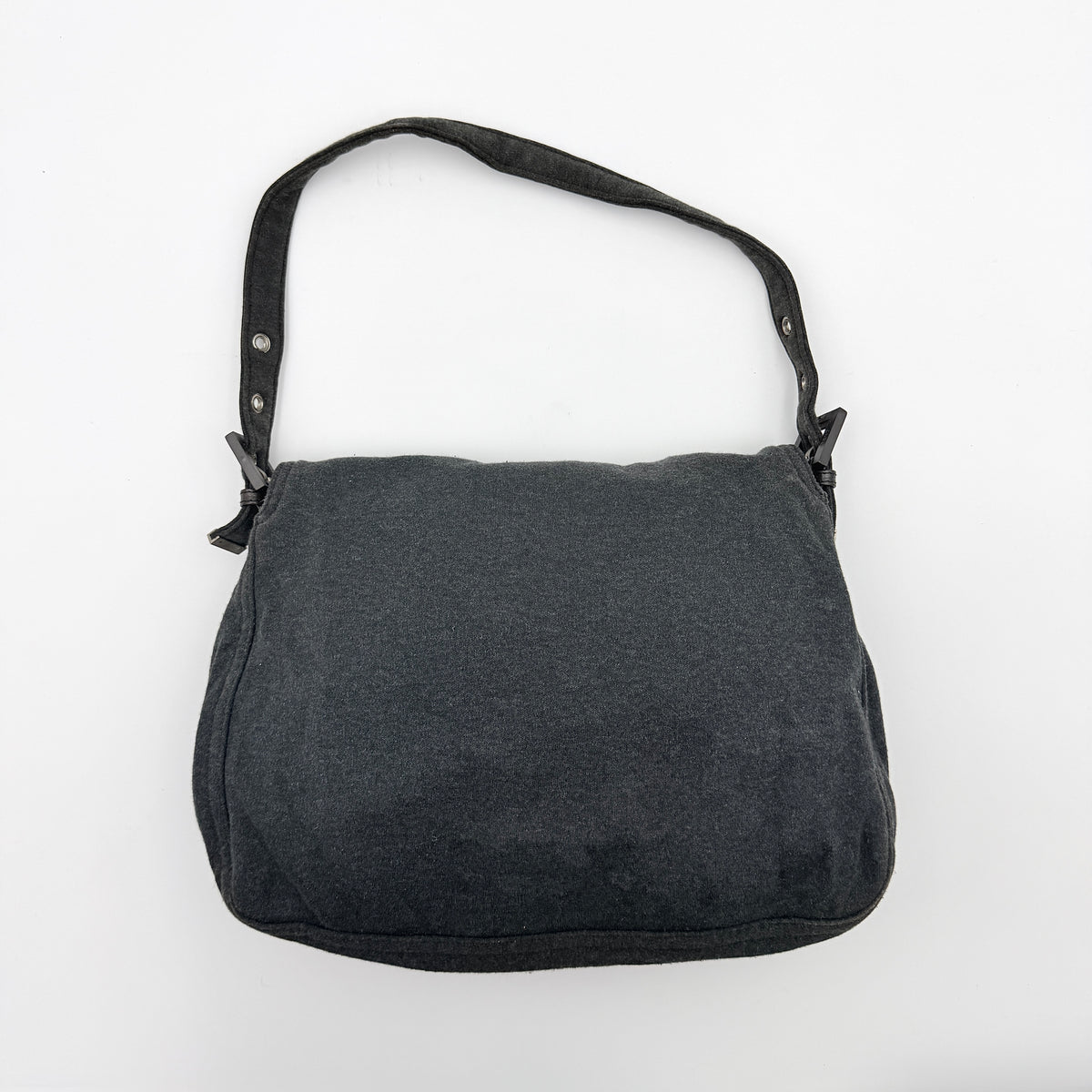 Fendi Mamma Baguette in grey textile with matte FF plaque, shown with original yellow Fendi dust bag.