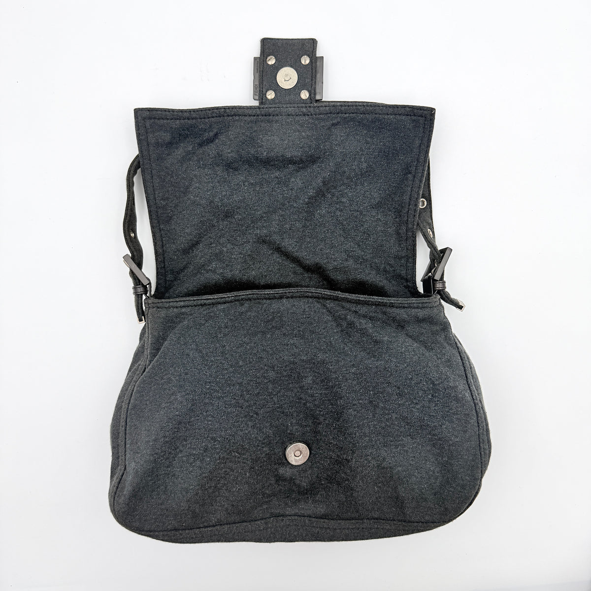 Fendi Mamma Baguette in grey textile with matte FF plaque, shown with original yellow Fendi dust bag.