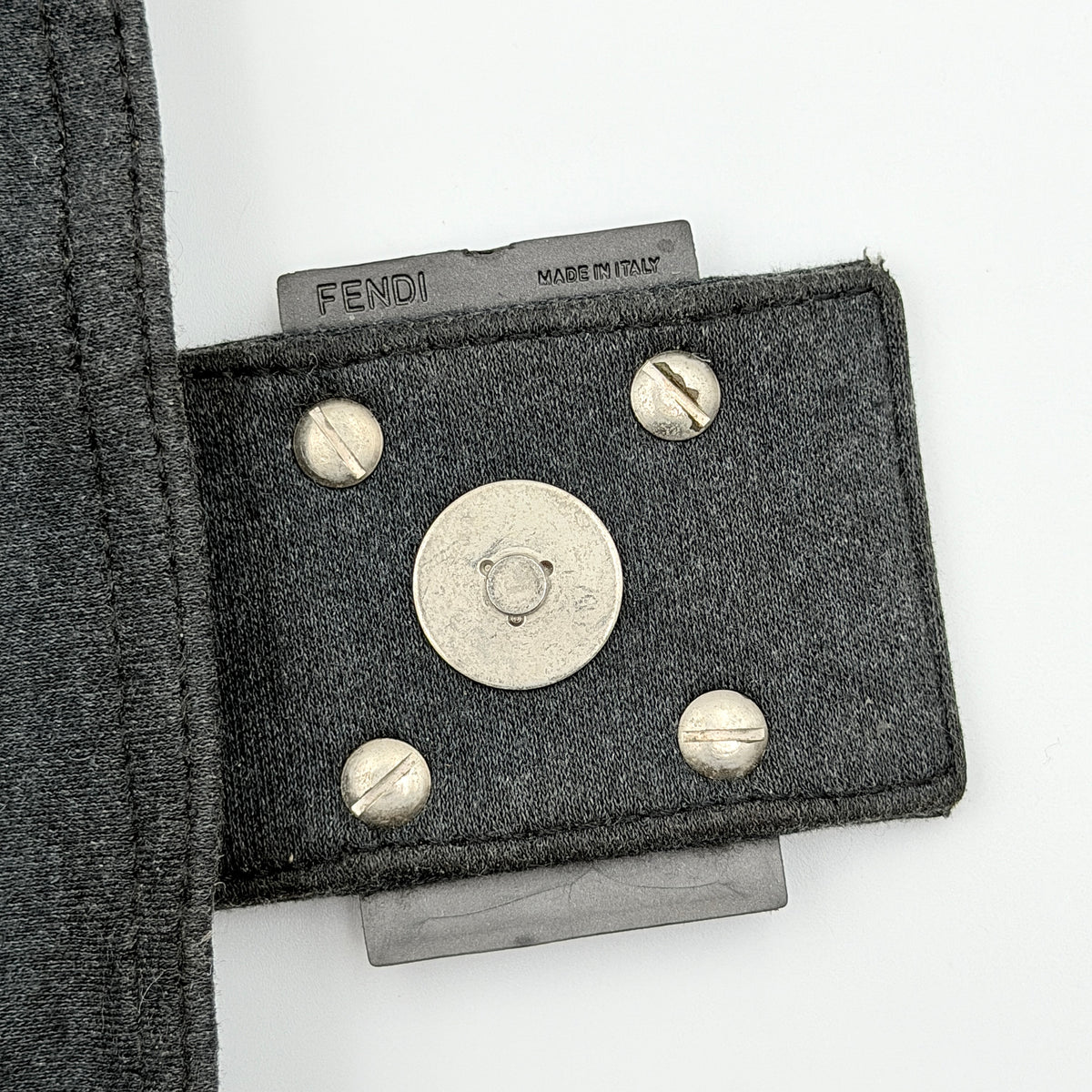 Fendi Mamma Baguette in grey textile with matte FF plaque, shown with original yellow Fendi dust bag.