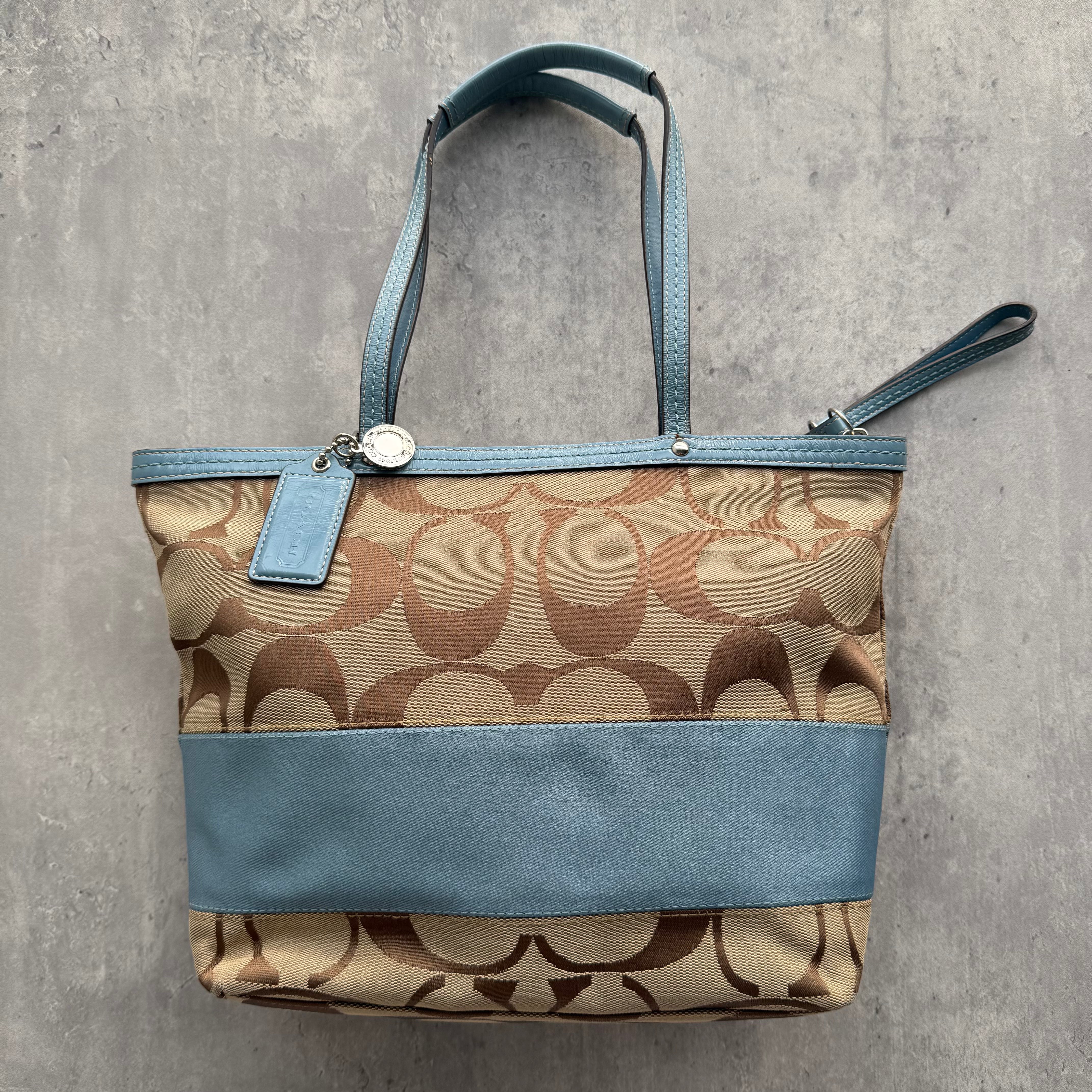 Coach Signature Stripe Tote Bag Light Blue/Beige