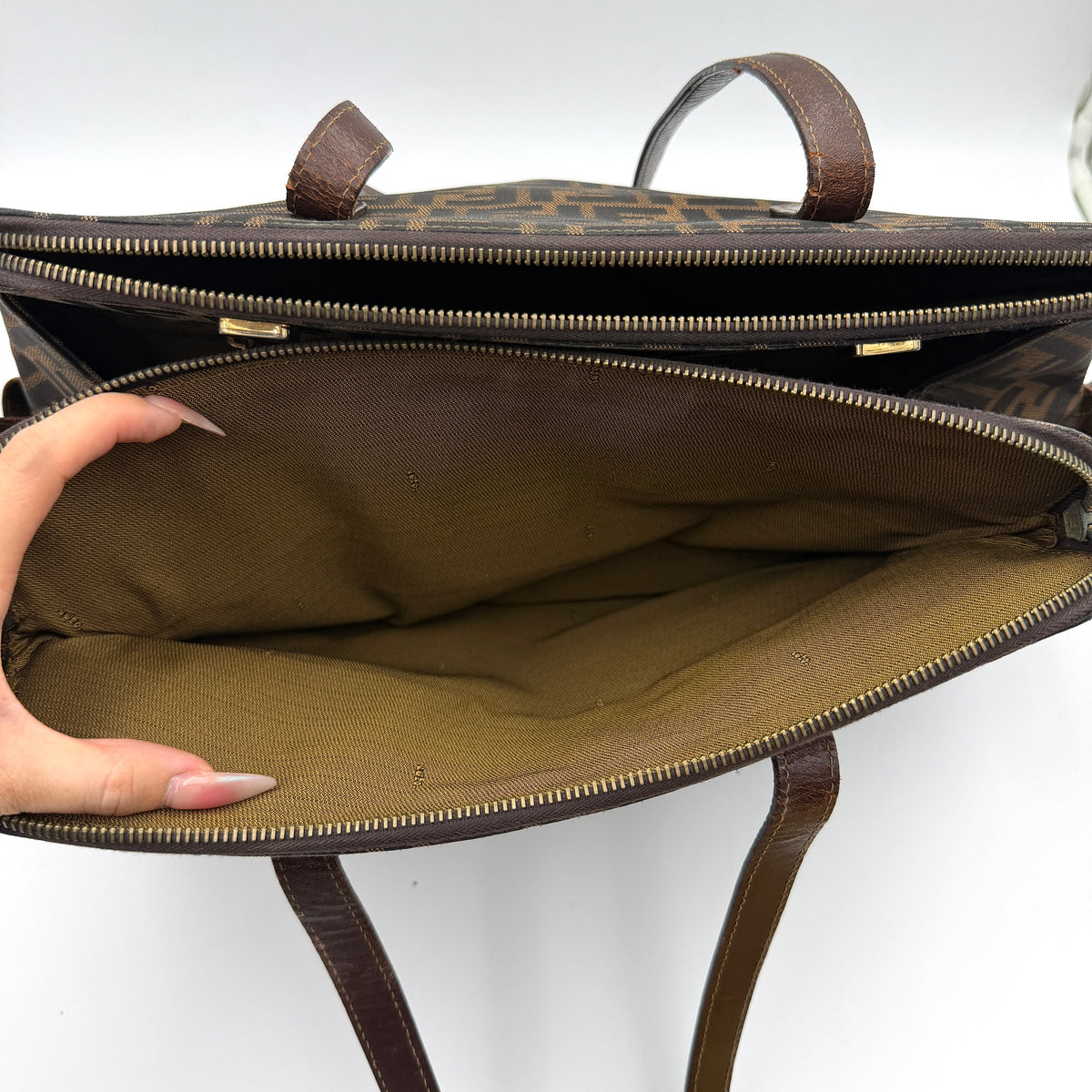 Fendi FF Zucca Tobacco Double Zip Tote Bag Brown