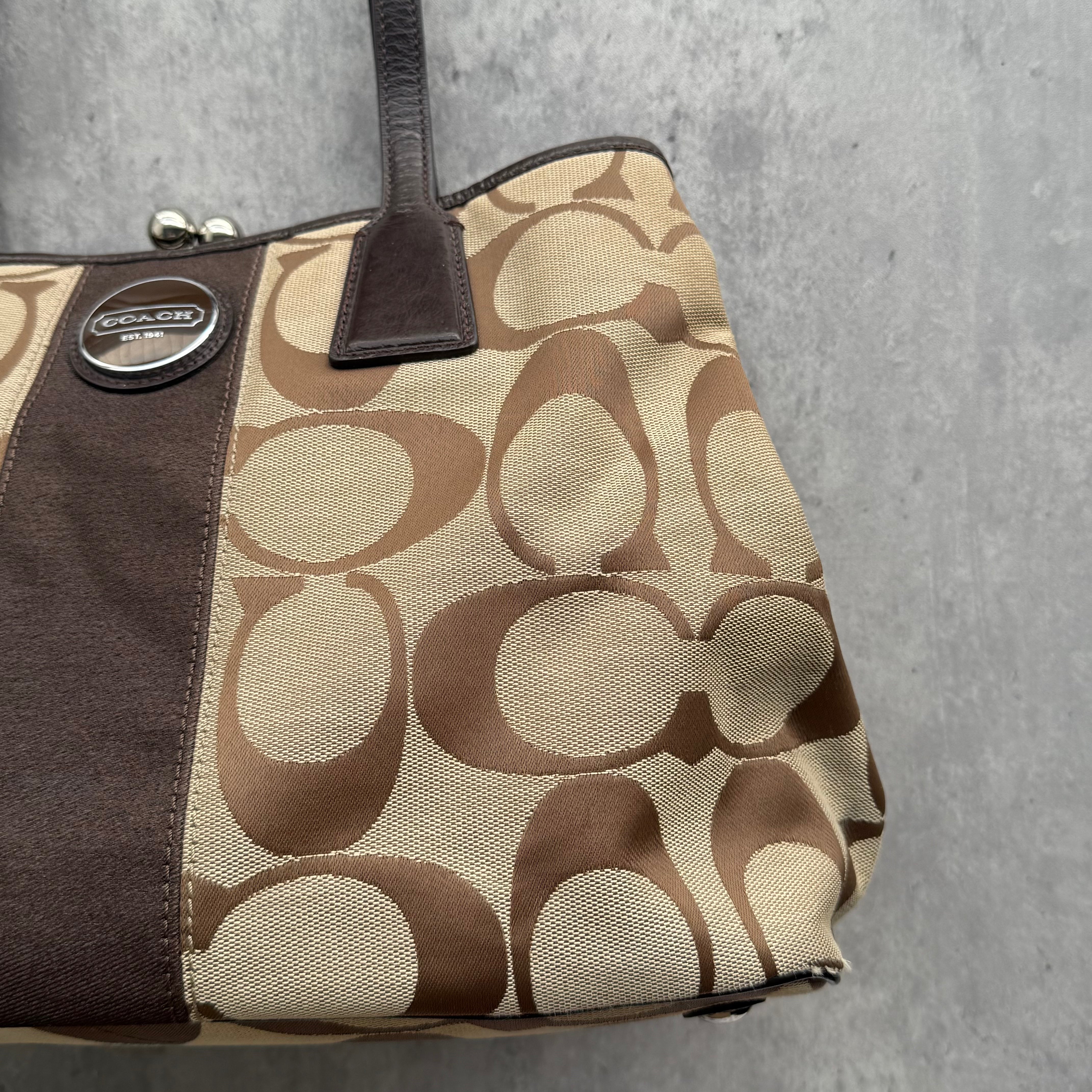 Coach Signature Stripe Kisslock Tote Bag Brown/Beige