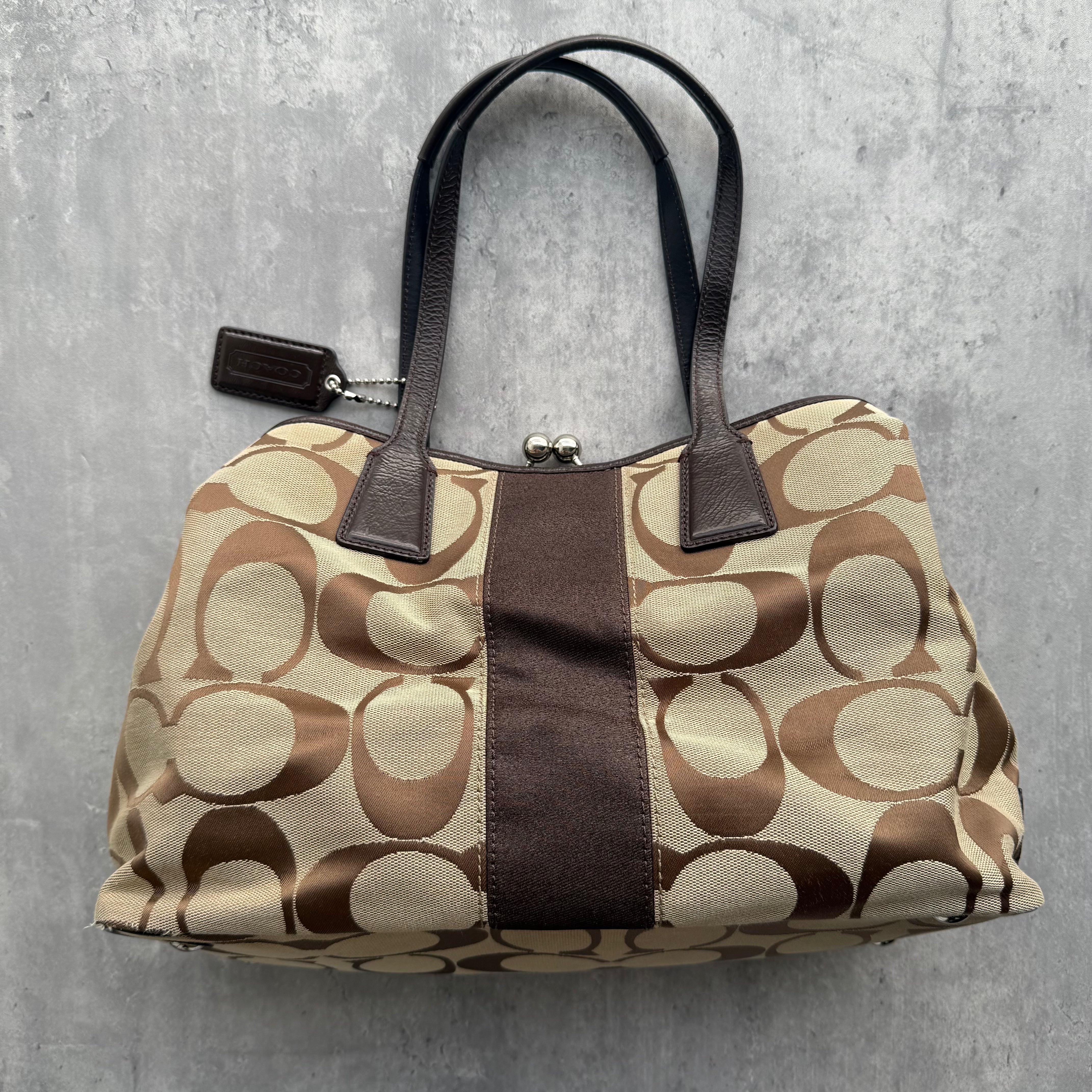 Coach Signature Stripe Kisslock Tote Bag Brown/Beige