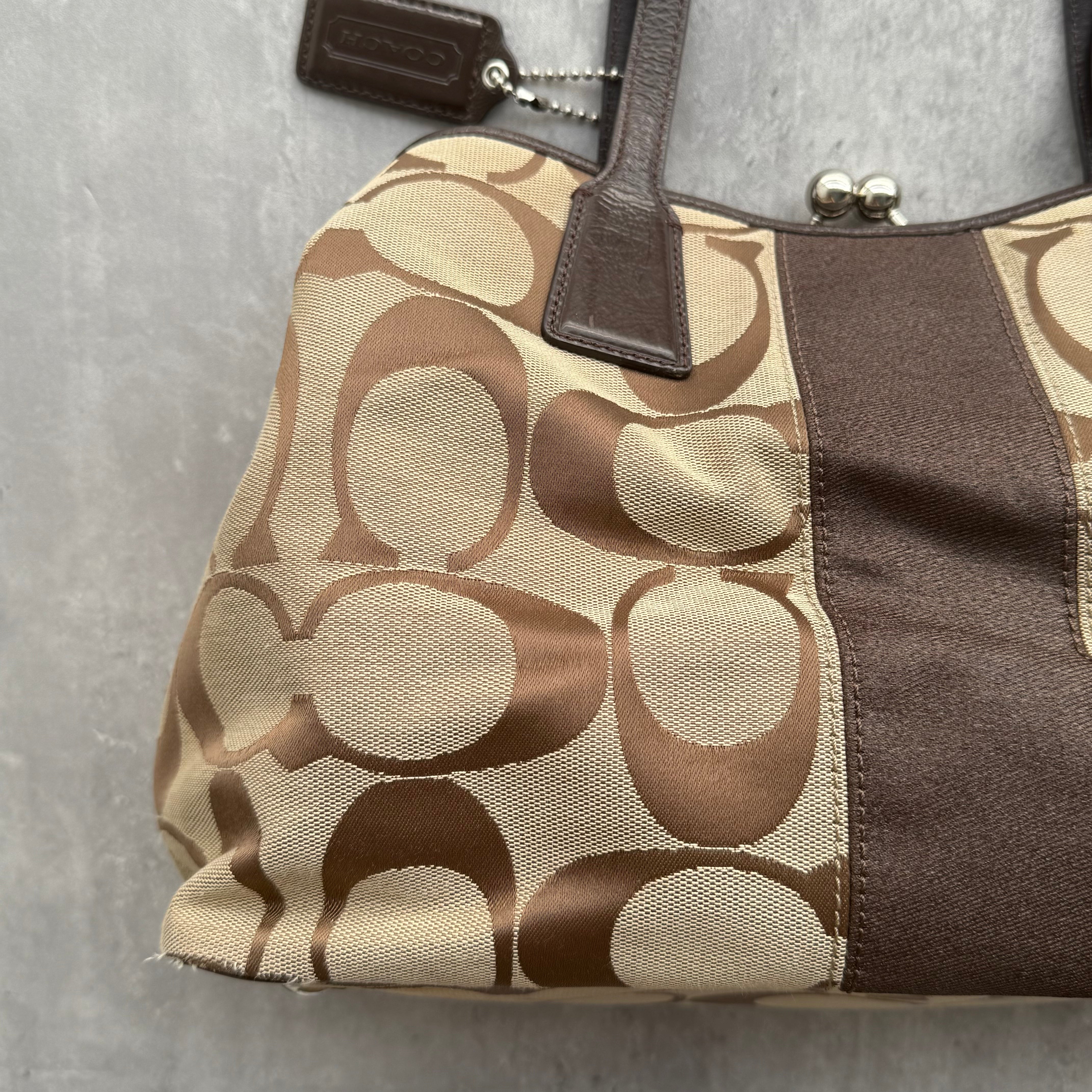 Coach Signature Stripe Kisslock Tote Bag Brown/Beige