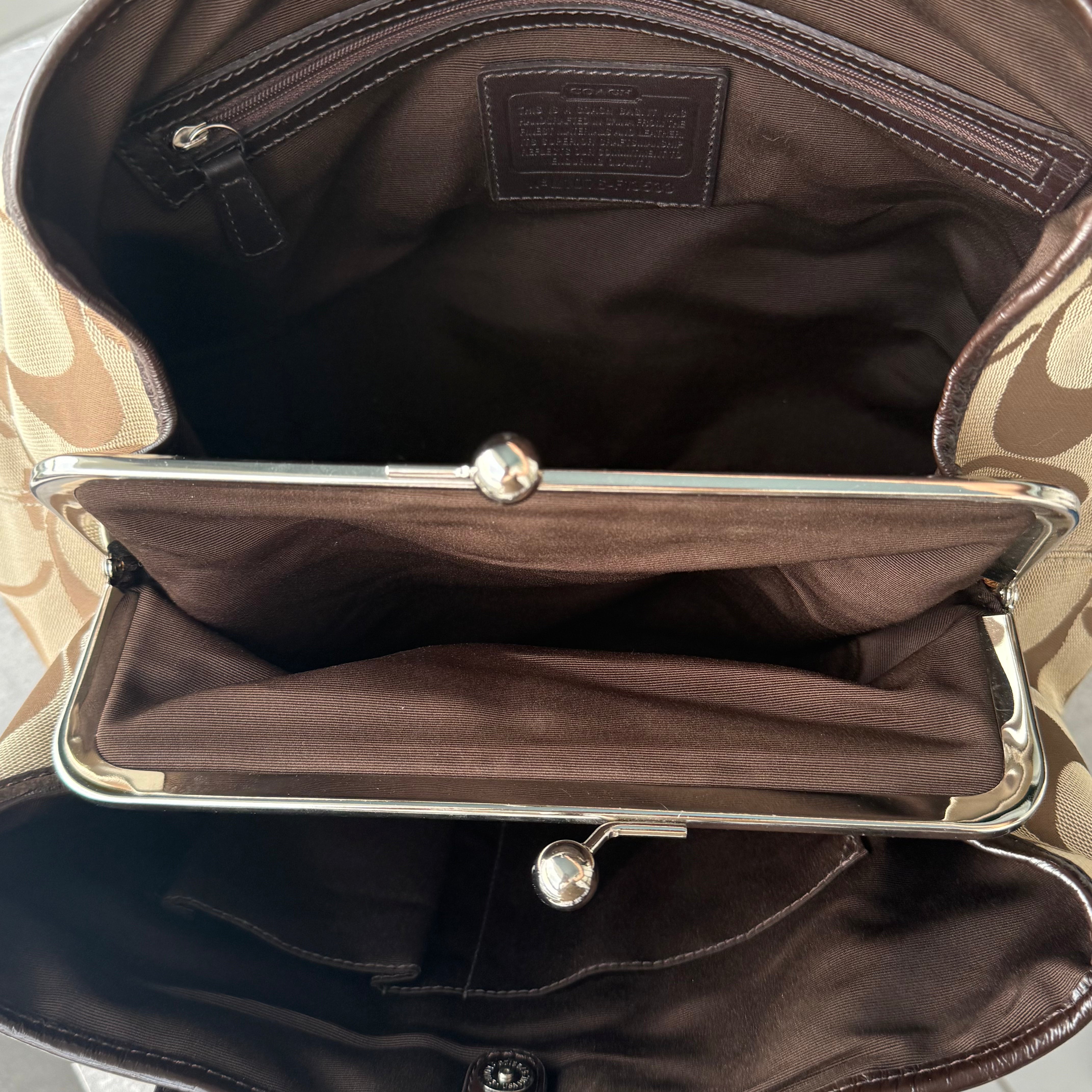 Coach Signature Stripe Kisslock Tote Bag Brown/Beige