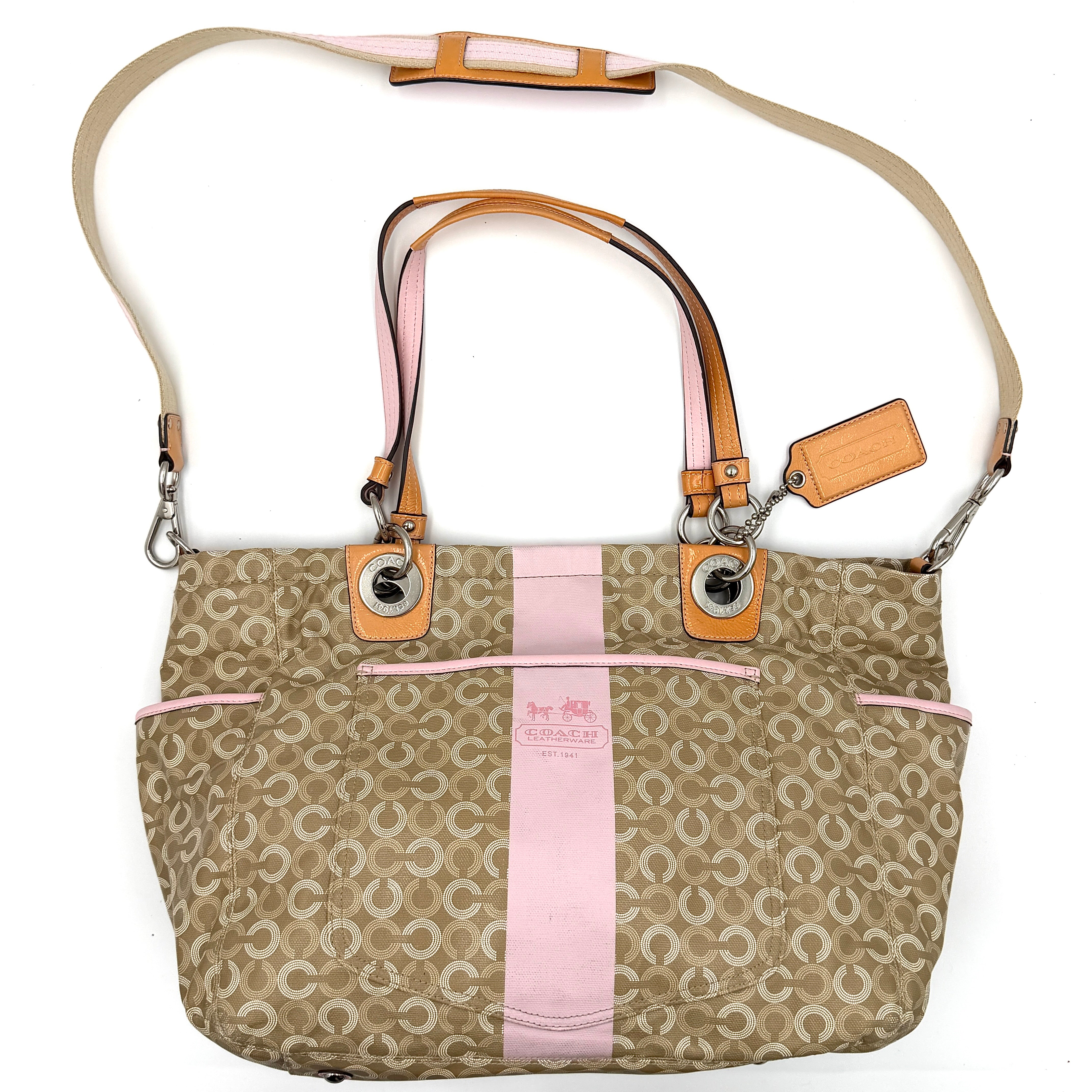 Coach 2Way Signature Stripe Tote Bag Pink/Beige