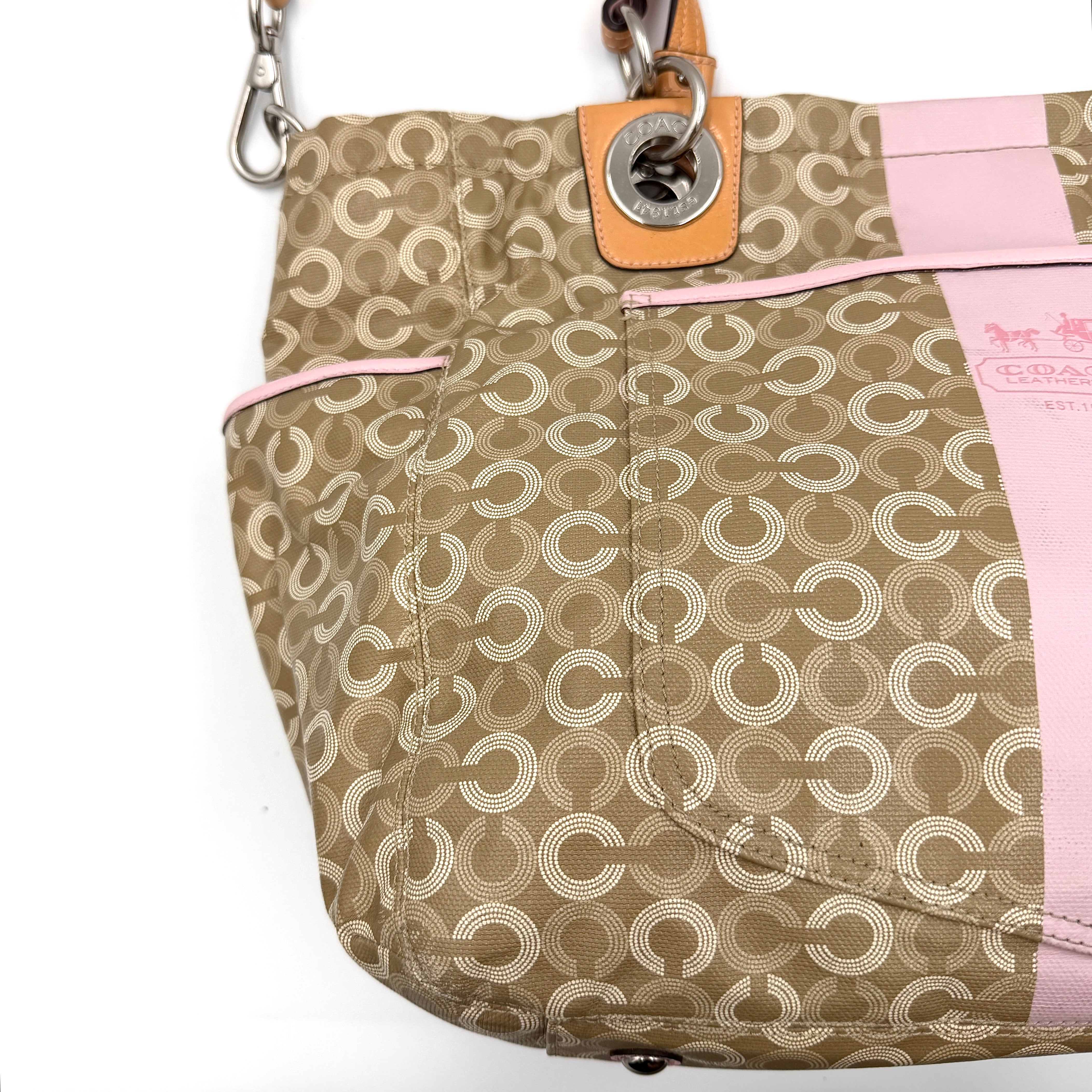 Coach 2Way Signature Stripe Tote Bag Pink/Beige