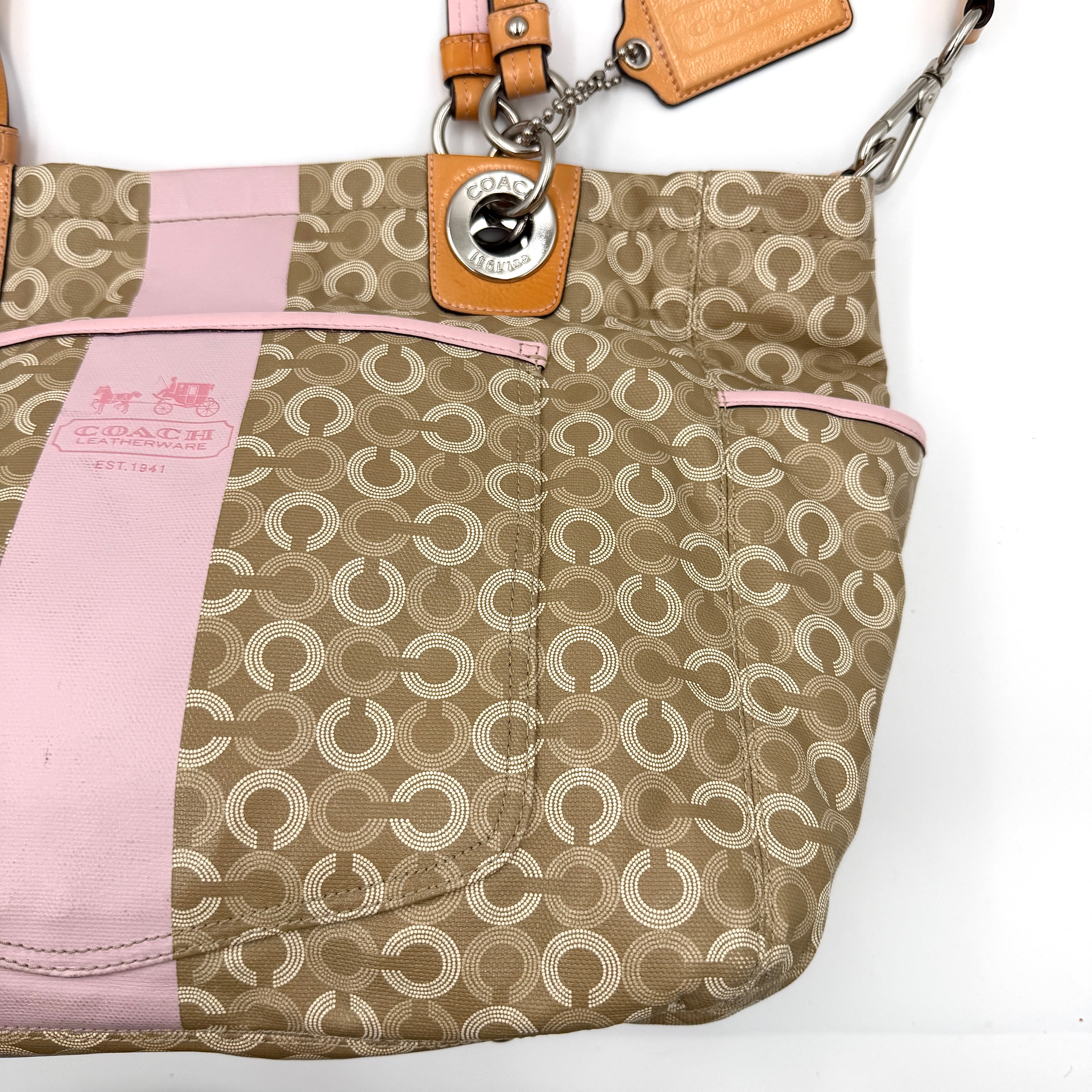 Coach 2Way Signature Stripe Tote Bag Pink/Beige