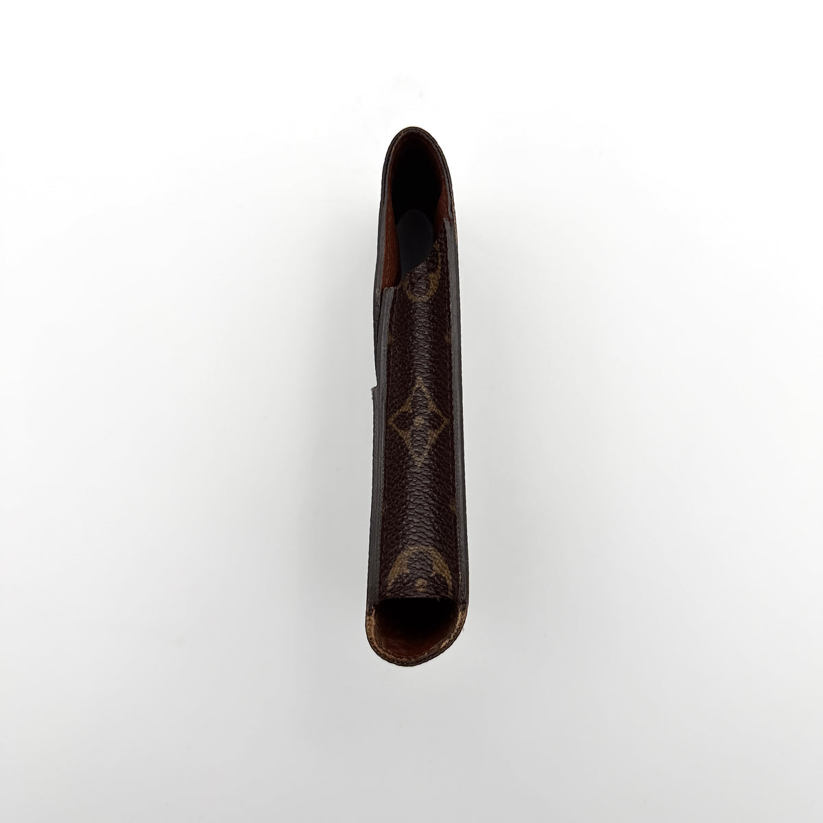 Louis Vuitton monogram brown cigarette case with flap closure on white background