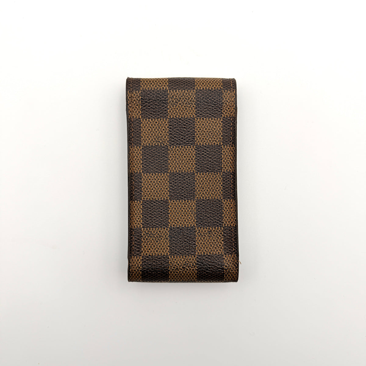 Louis Vuitton Damier brown cigarette case in checked coated canvas with a flap closure, photographed against a white background.