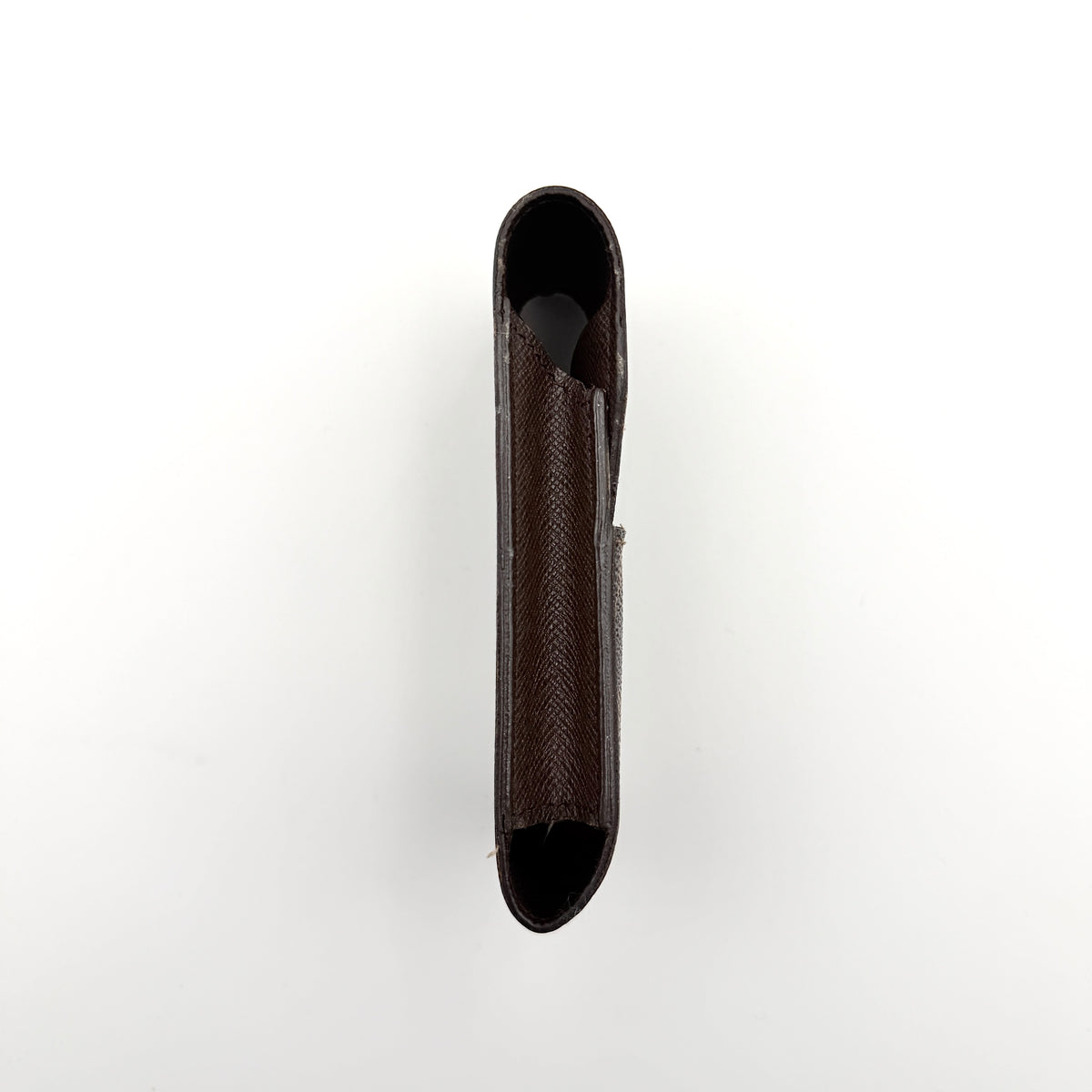 Louis Vuitton Damier brown cigarette case in checked coated canvas with a flap closure, photographed against a white background.