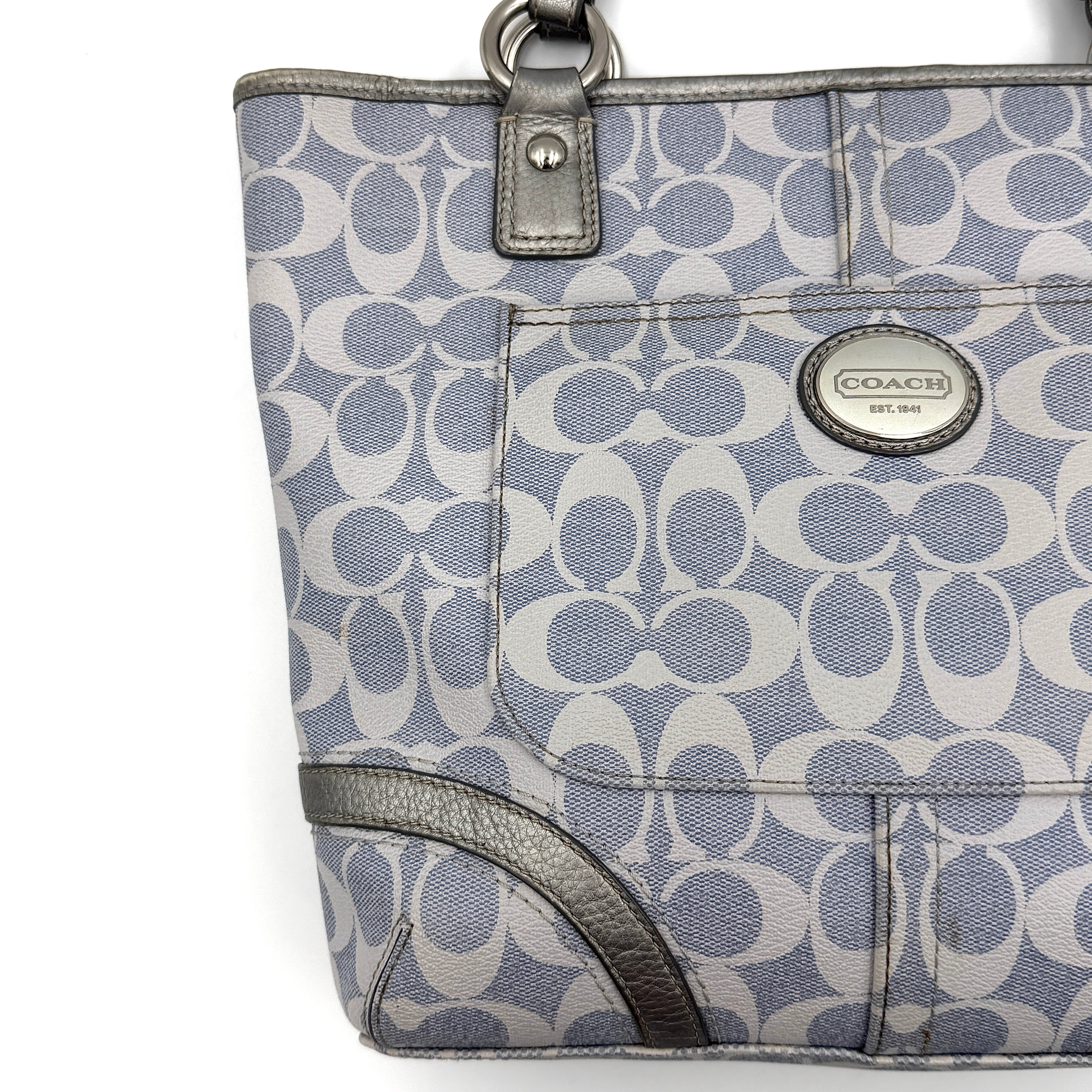 Coach Signature Peyton Heritage Tote Bag Light Blue/Silver