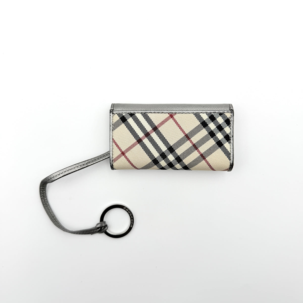 Burberry Nova Check key case in metallic silver leather and beige check canvas with key ring and snap closure.