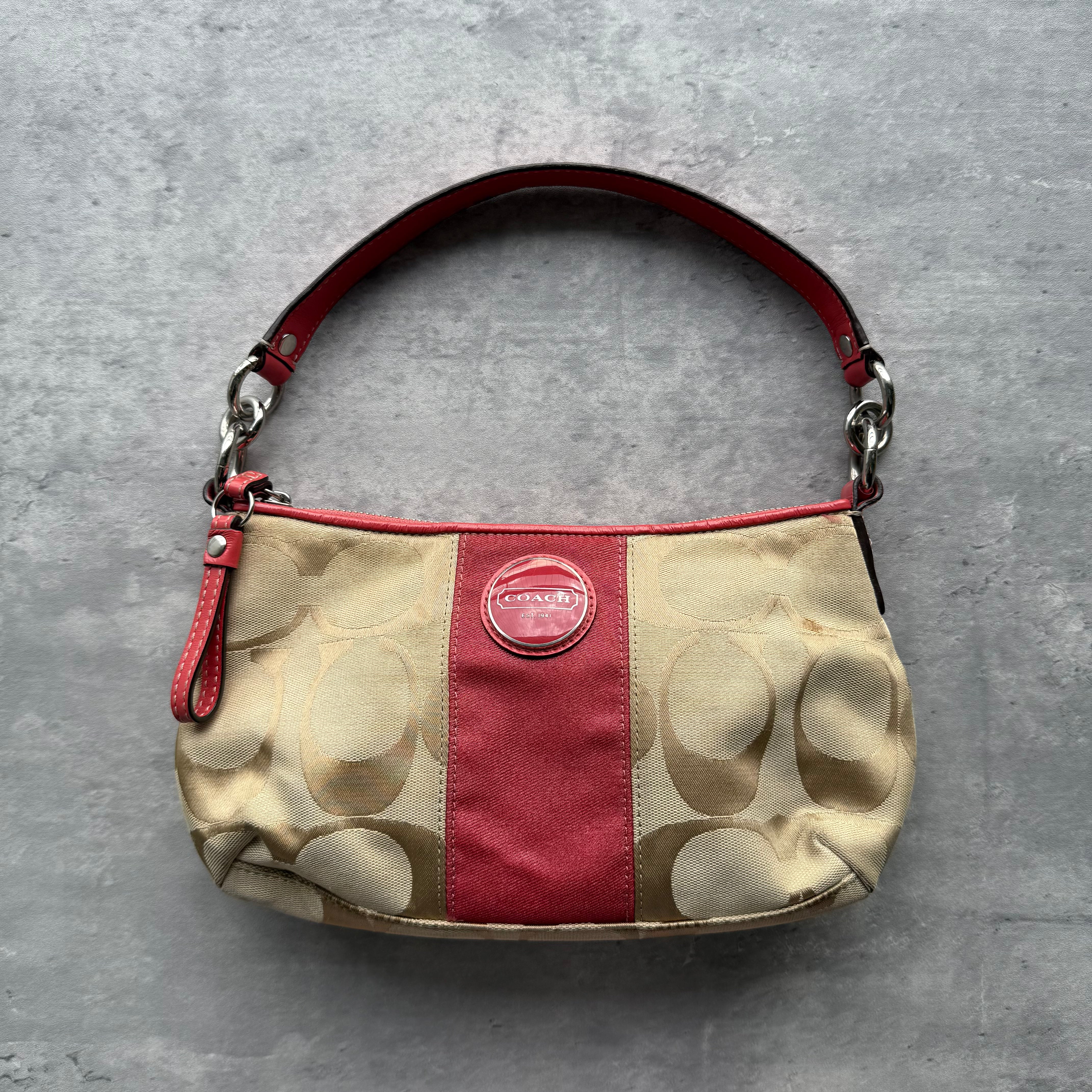 Coach 2Way Signature Stripe Shoulder Bag Beige/Red
