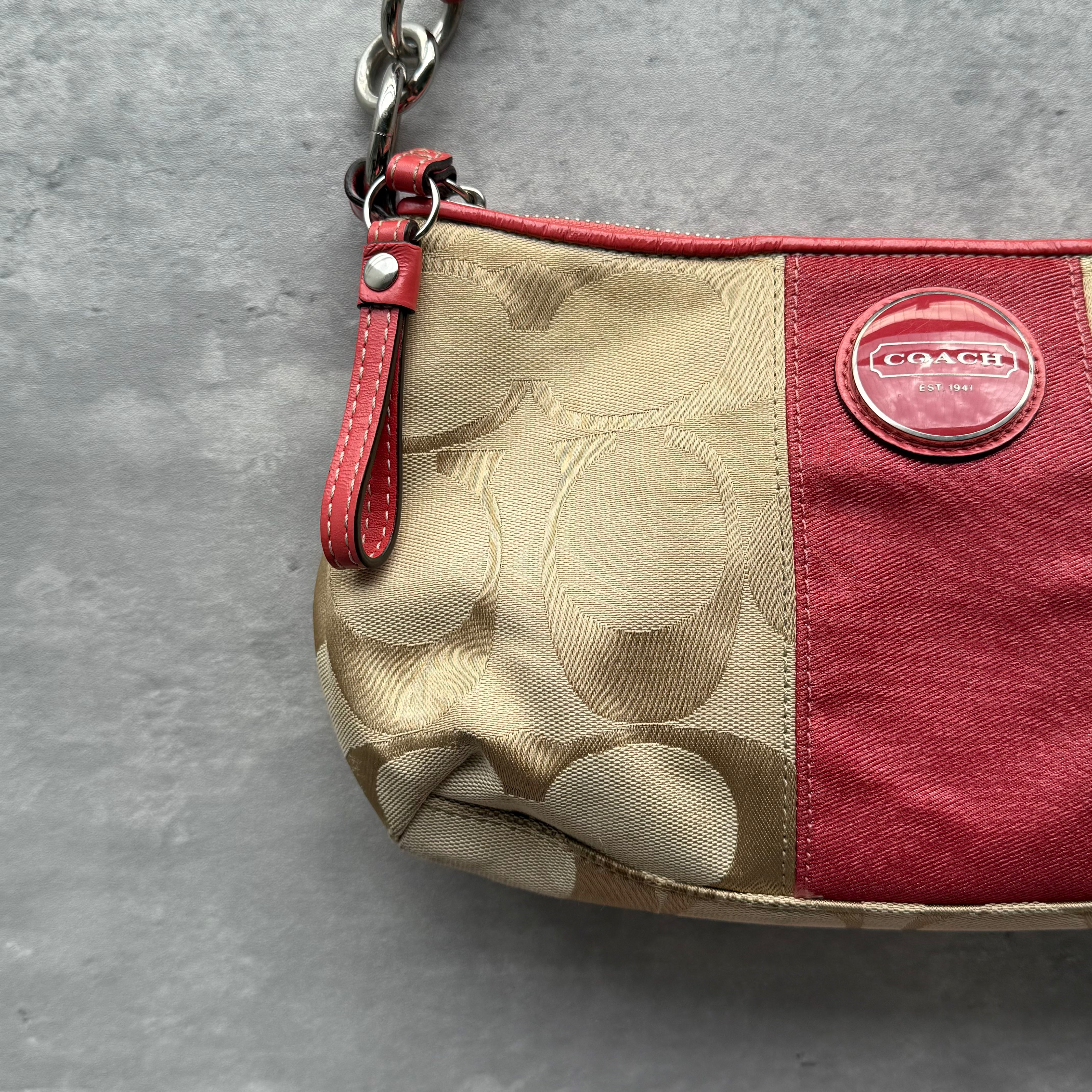 Coach 2Way Signature Stripe Shoulder Bag Beige/Red