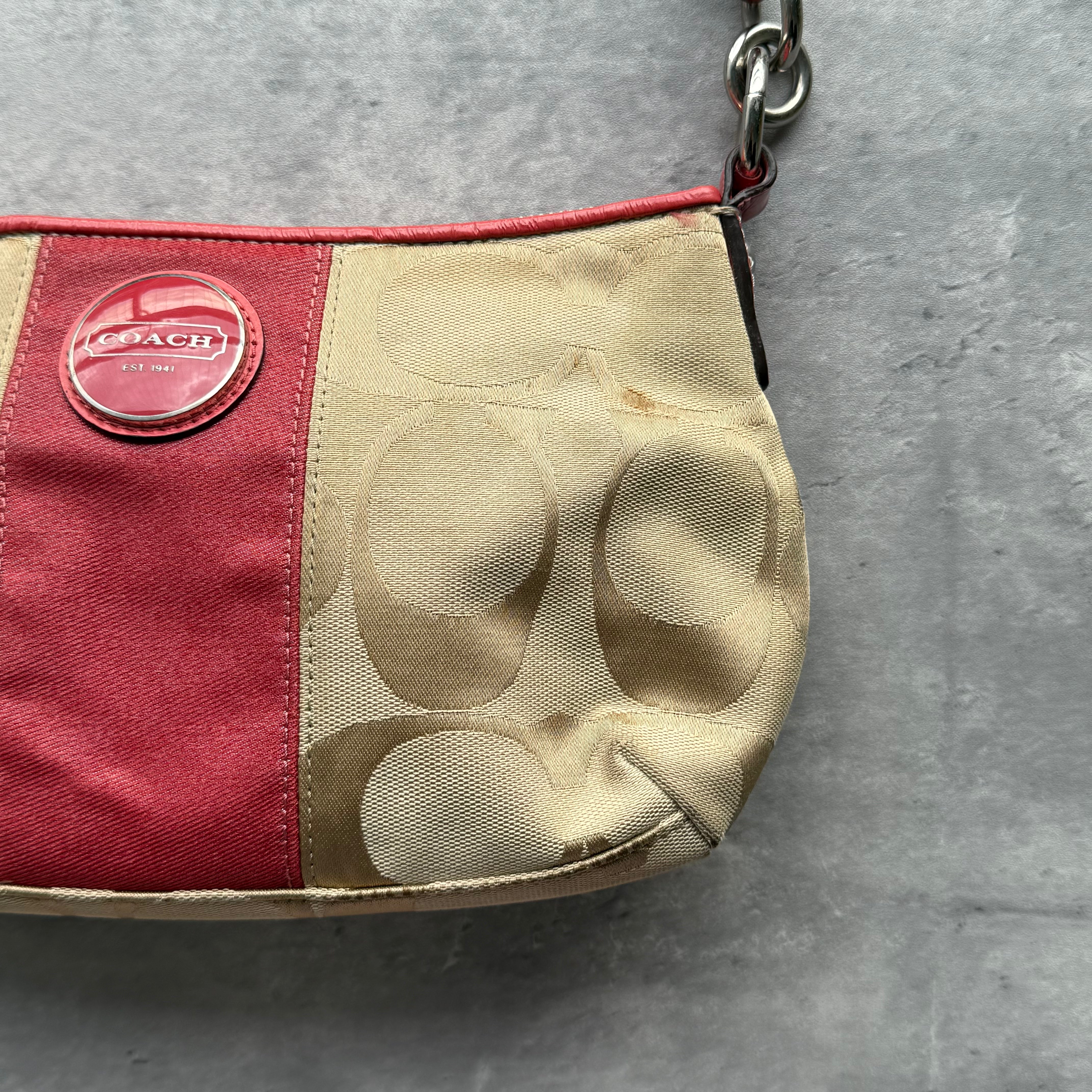 Coach 2Way Signature Stripe Shoulder Bag Beige/Red