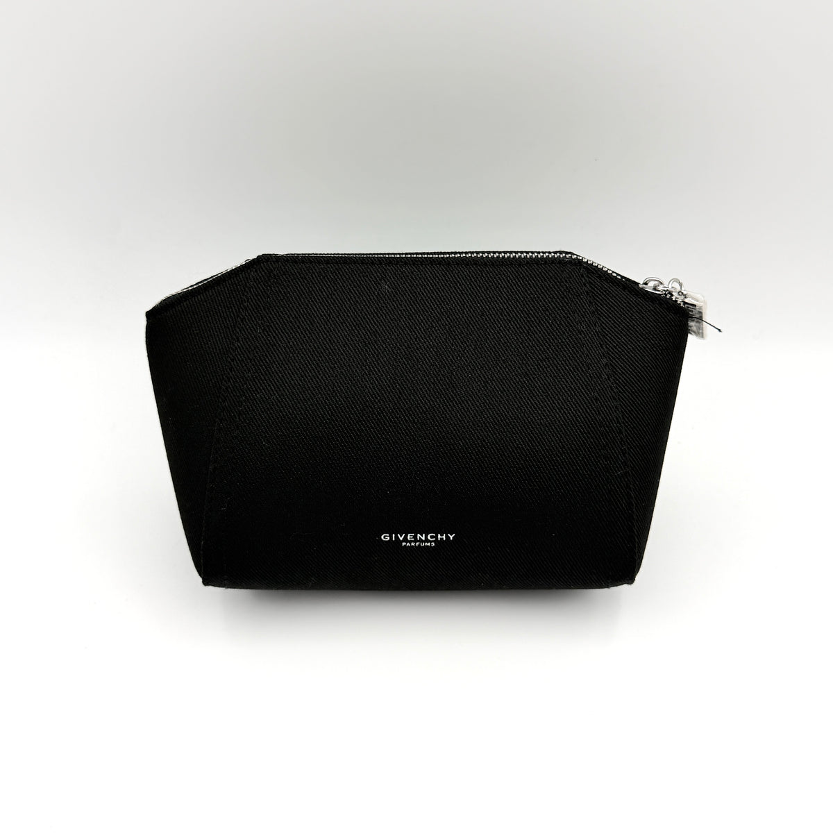 Givenchy black cosmetic pouch with silver-tone logo plaque and zip, photographed against a clean white background.