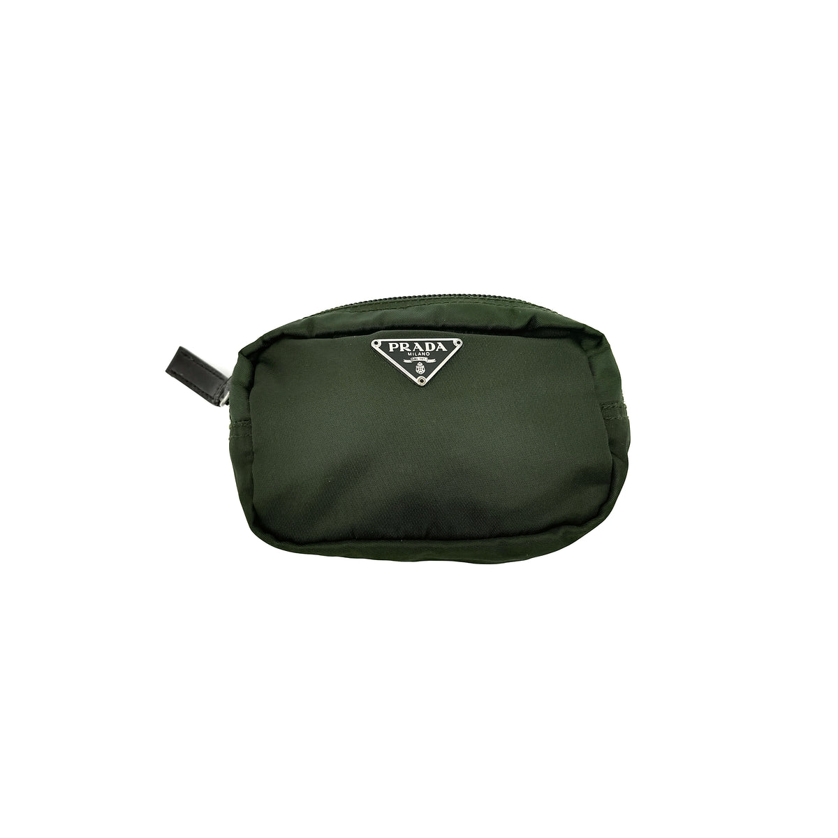 Prada Nylon Utility Pouch in dark green with silver triangle logo and zip closure.