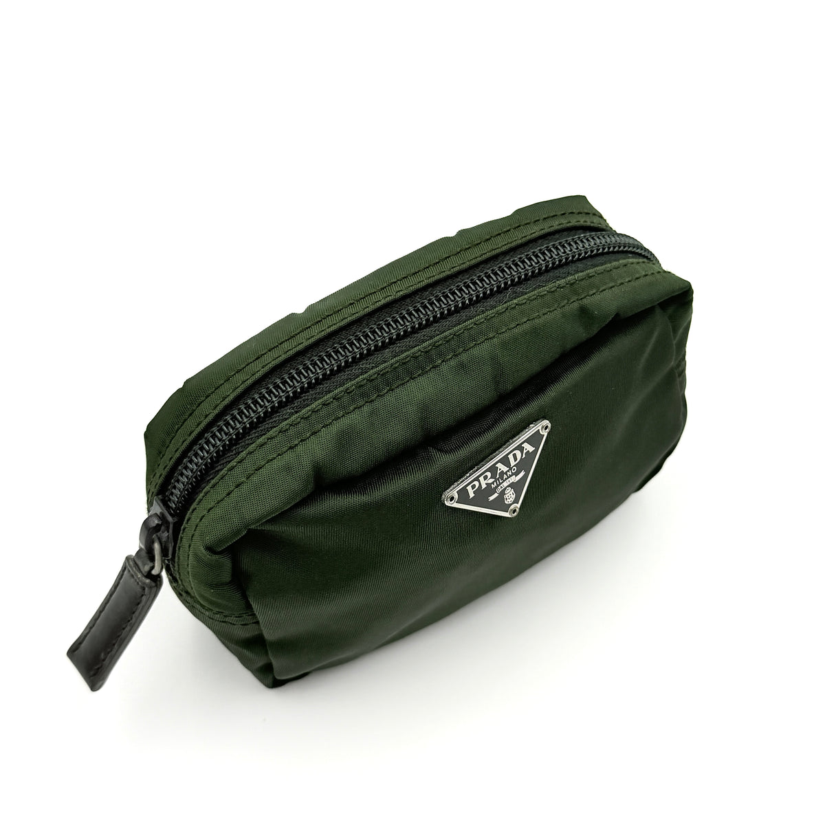 Prada Nylon Utility Pouch in dark green with silver triangle logo and zip closure.