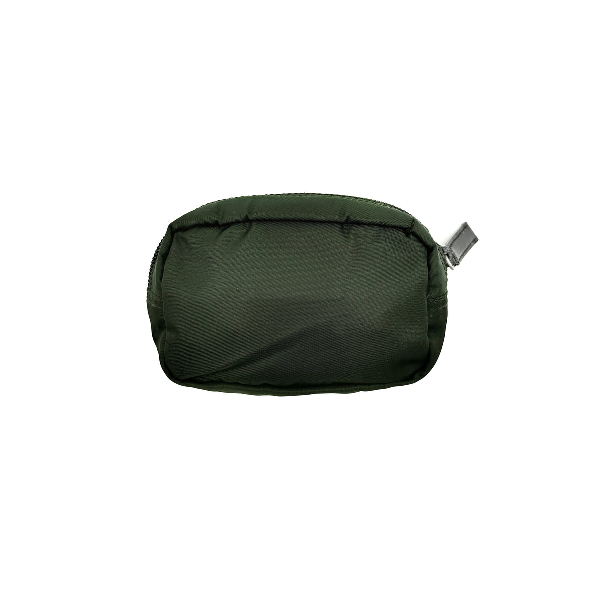 Prada Nylon Utility Pouch in dark green with silver triangle logo and zip closure.