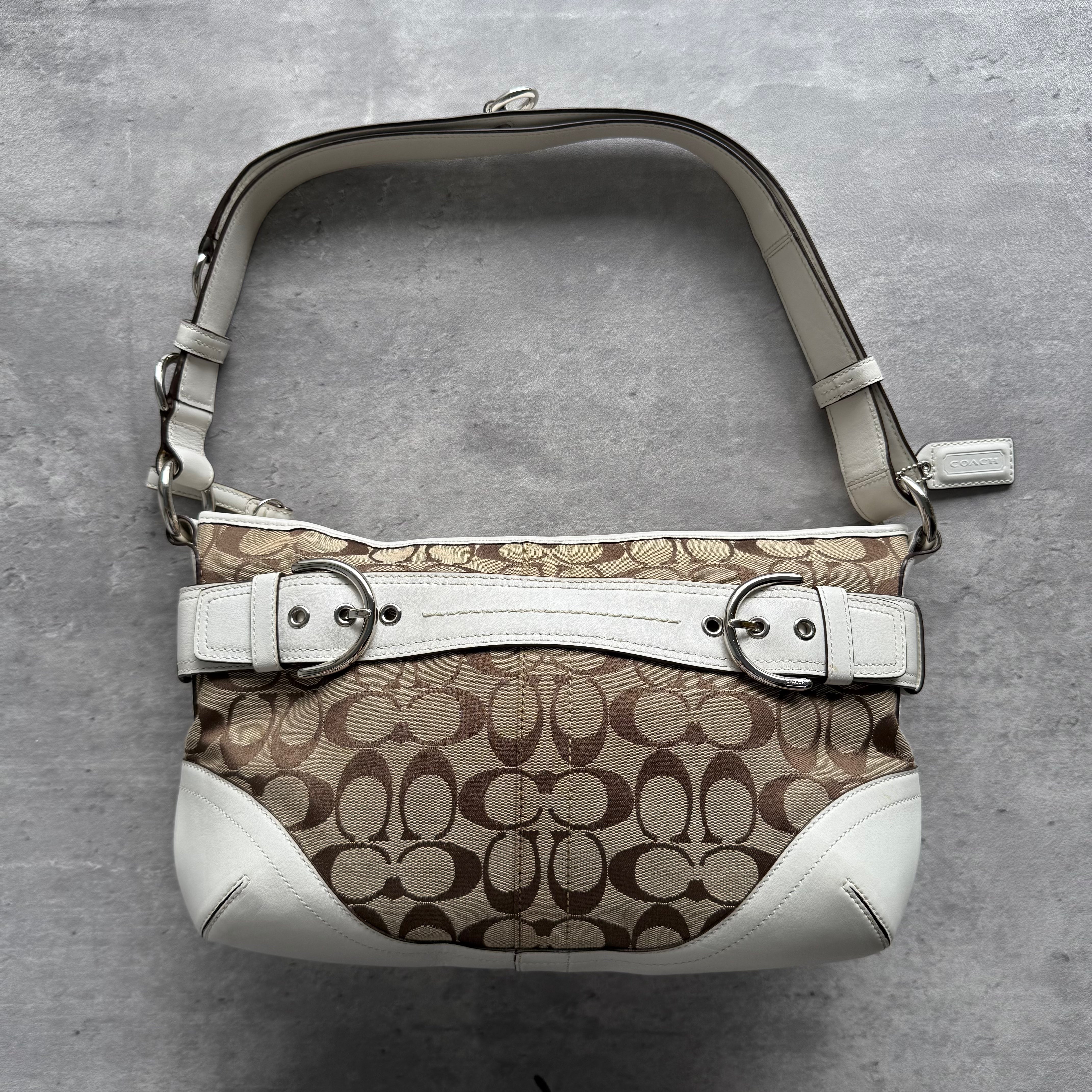 Coach 2Way Signature Sufflette Shoulder Bag Beige/White