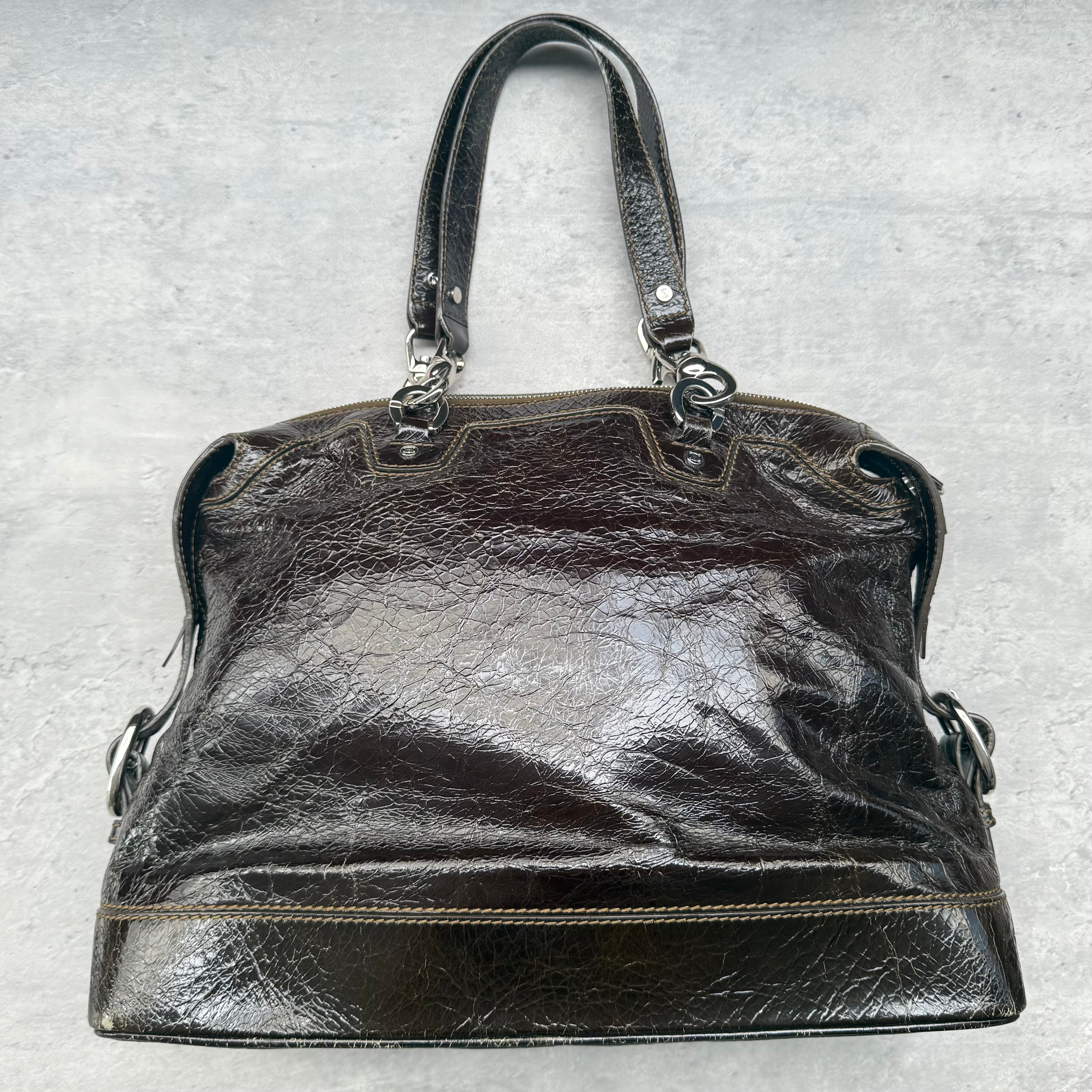 Celine 2007 Crinkled Patent Leather ShoulderBag Brown