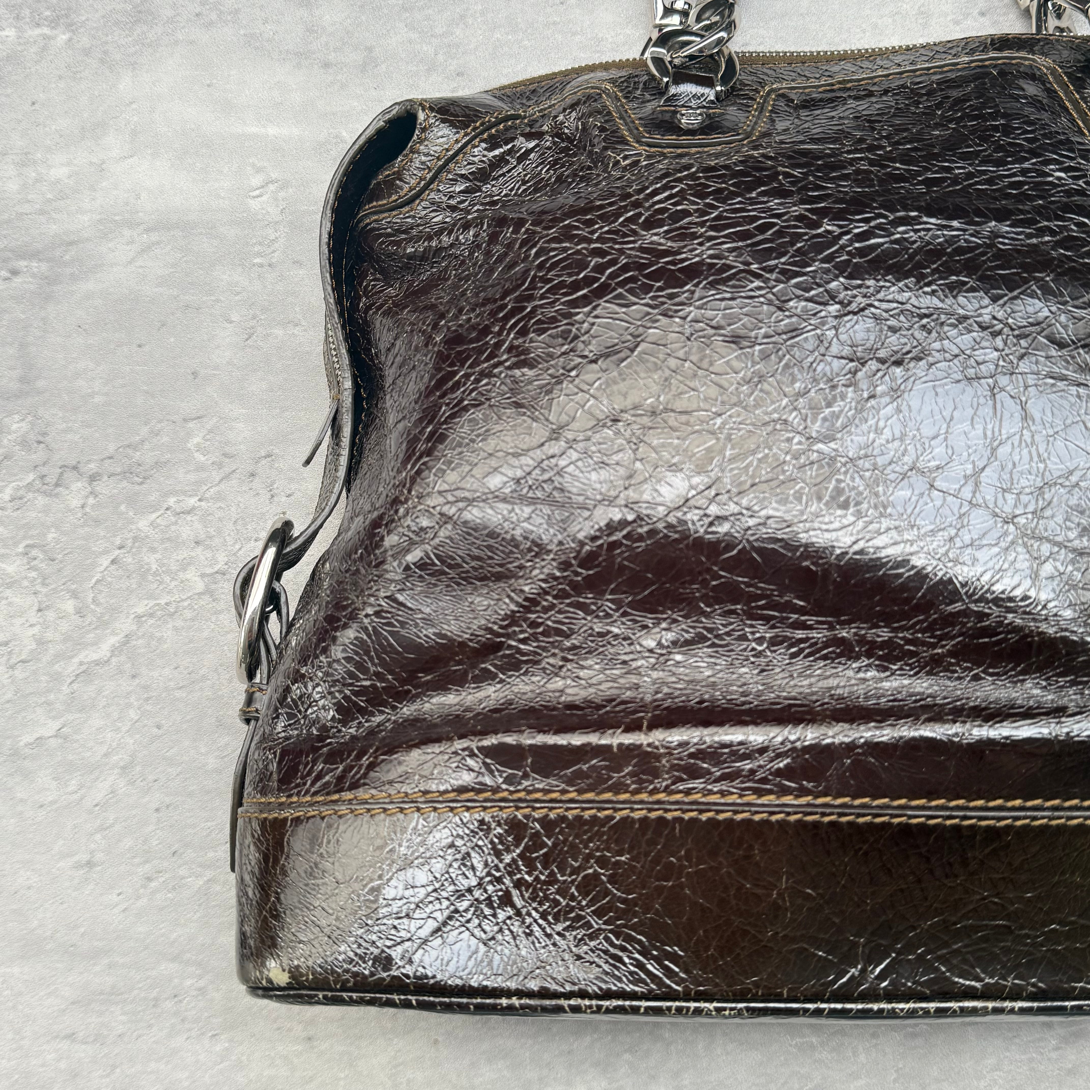 Celine 2007 Crinkled Patent Leather ShoulderBag Brown