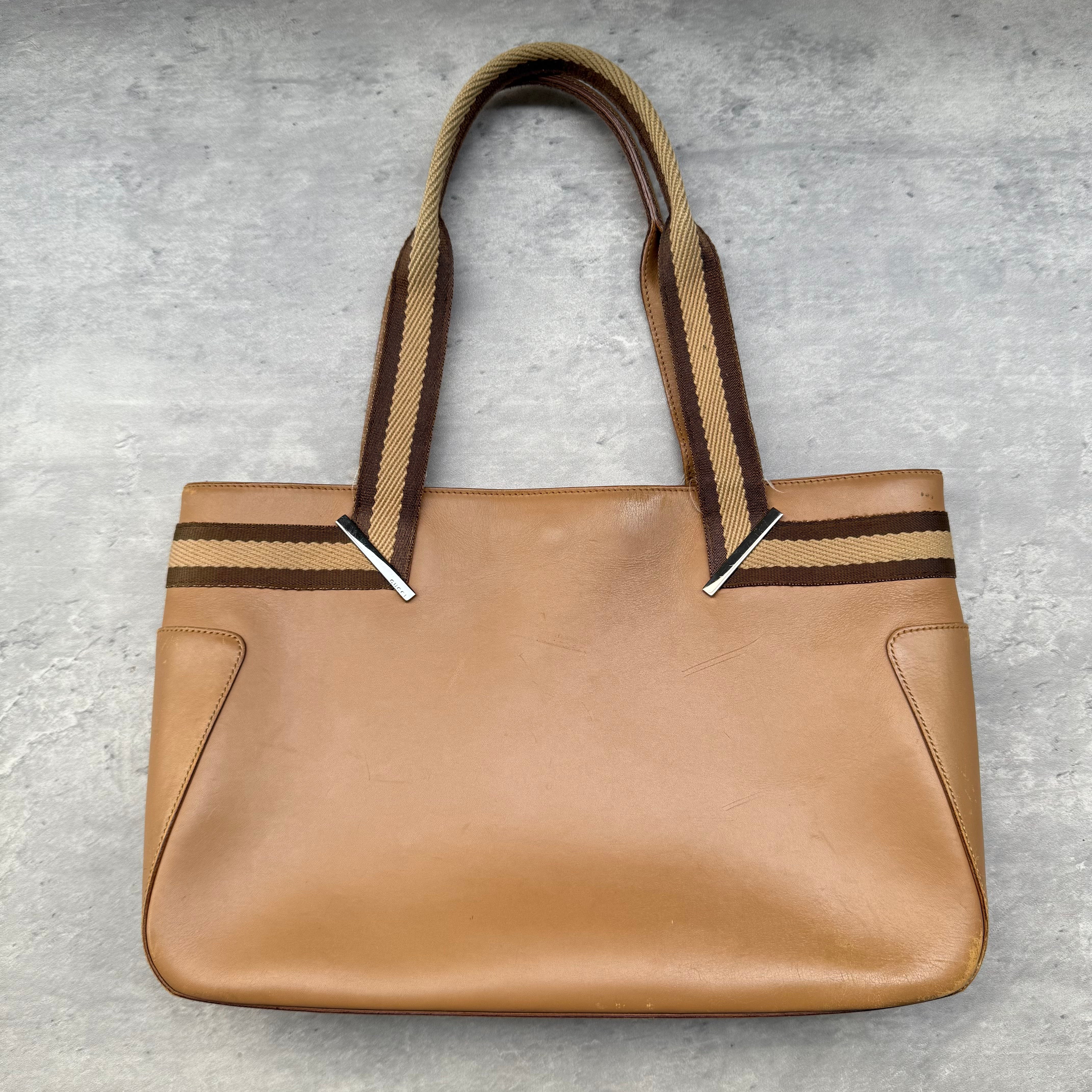 Gucci Stripe Web Leather HandBag Brown