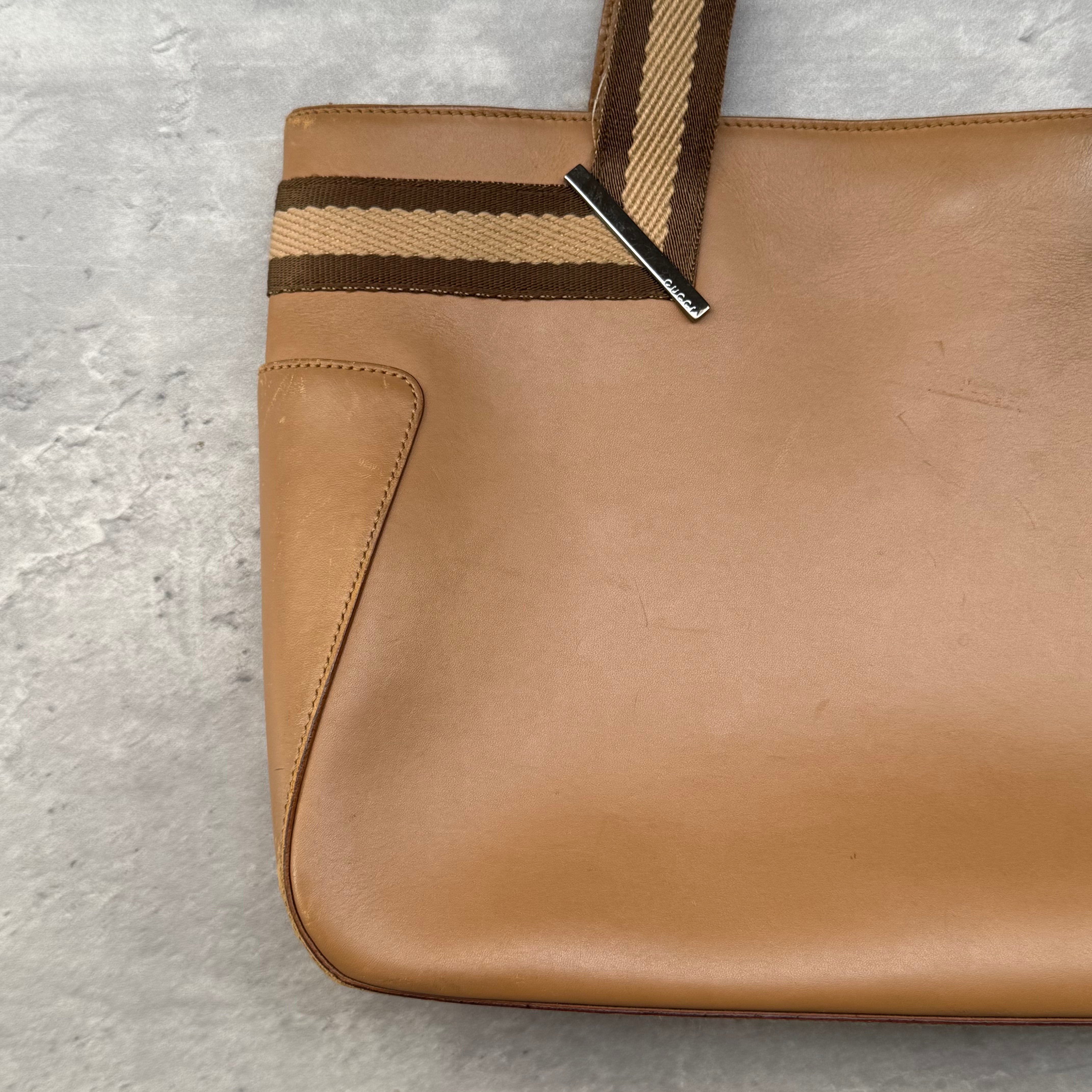 Gucci Stripe Web Leather HandBag Brown