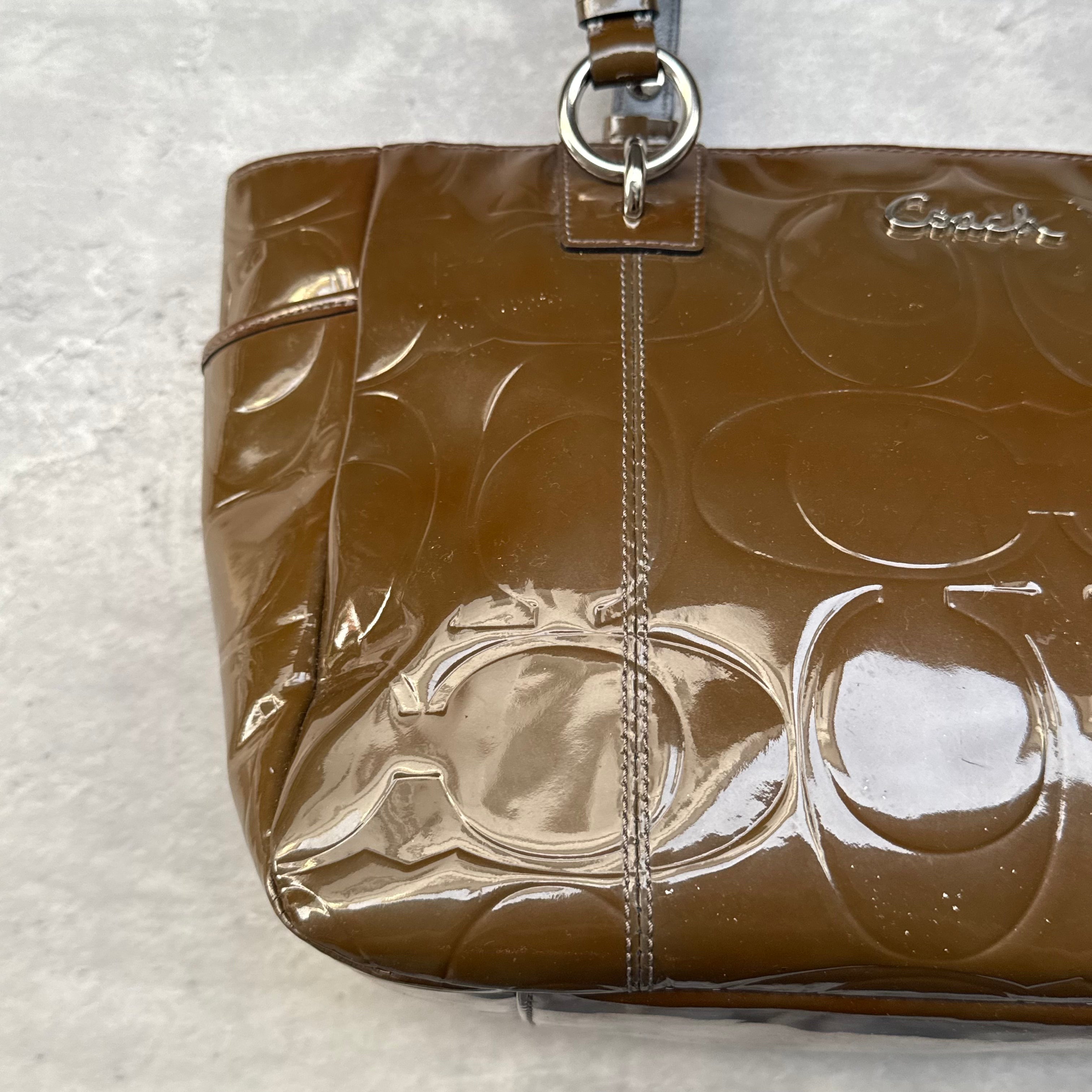Coach Op Art Embossed Patent Leather Gallery Tote Bag Brown