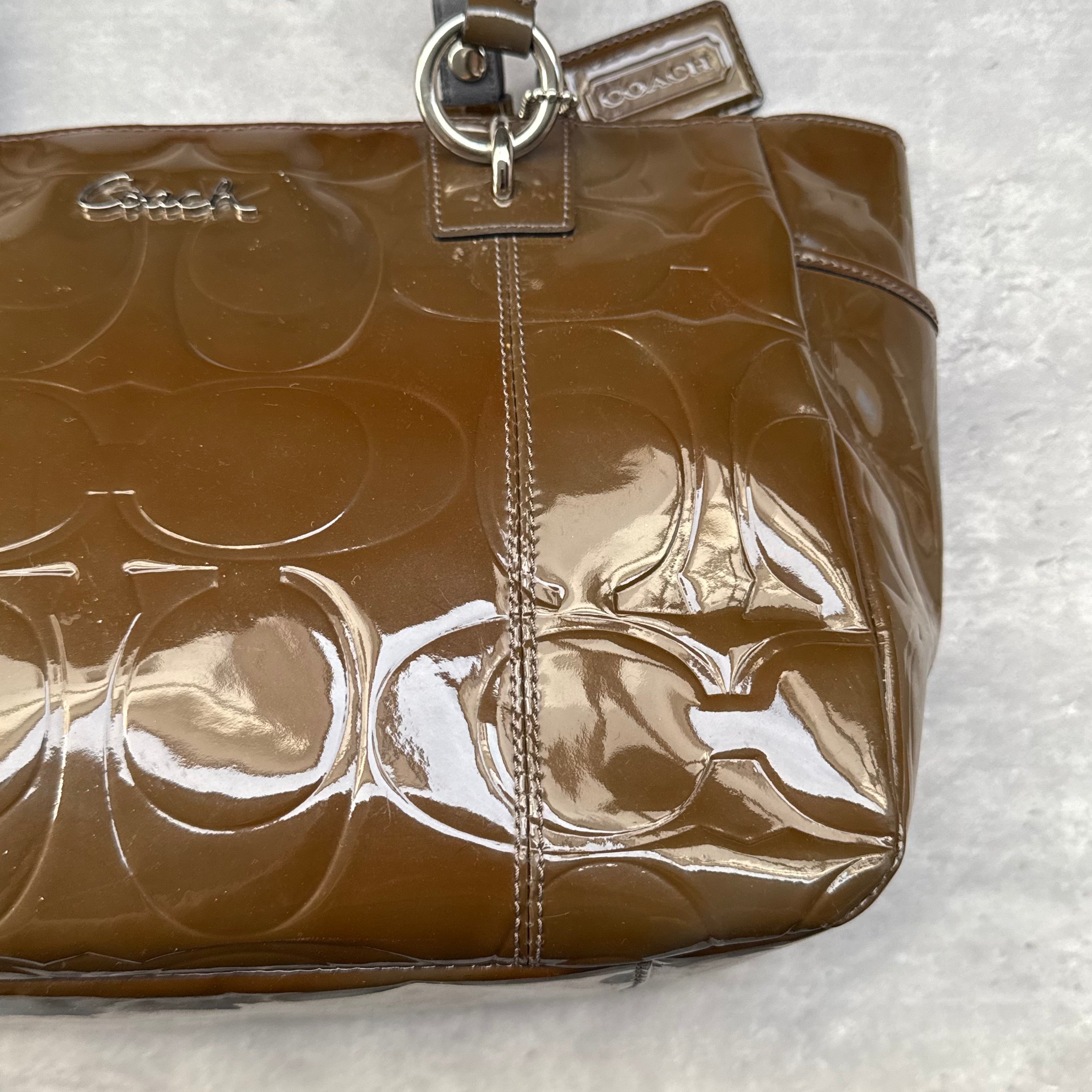 Coach Op Art Embossed Patent Leather Gallery Tote Bag Brown