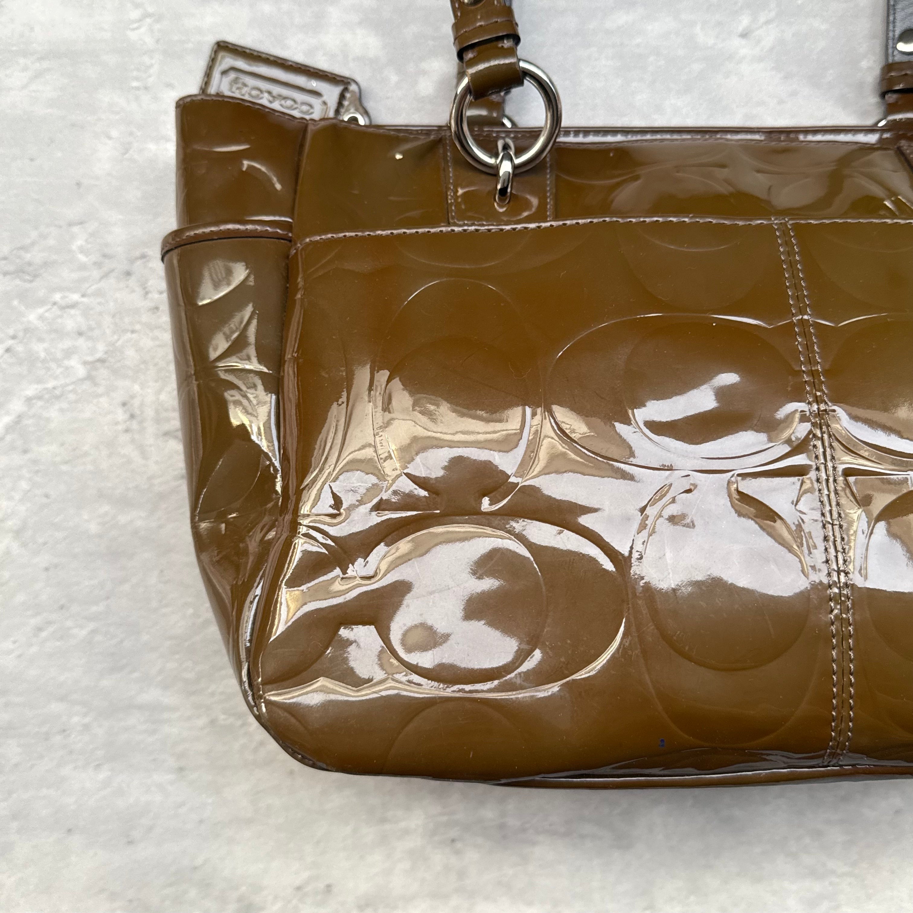 Coach Op Art Embossed Patent Leather Gallery Tote Bag Brown