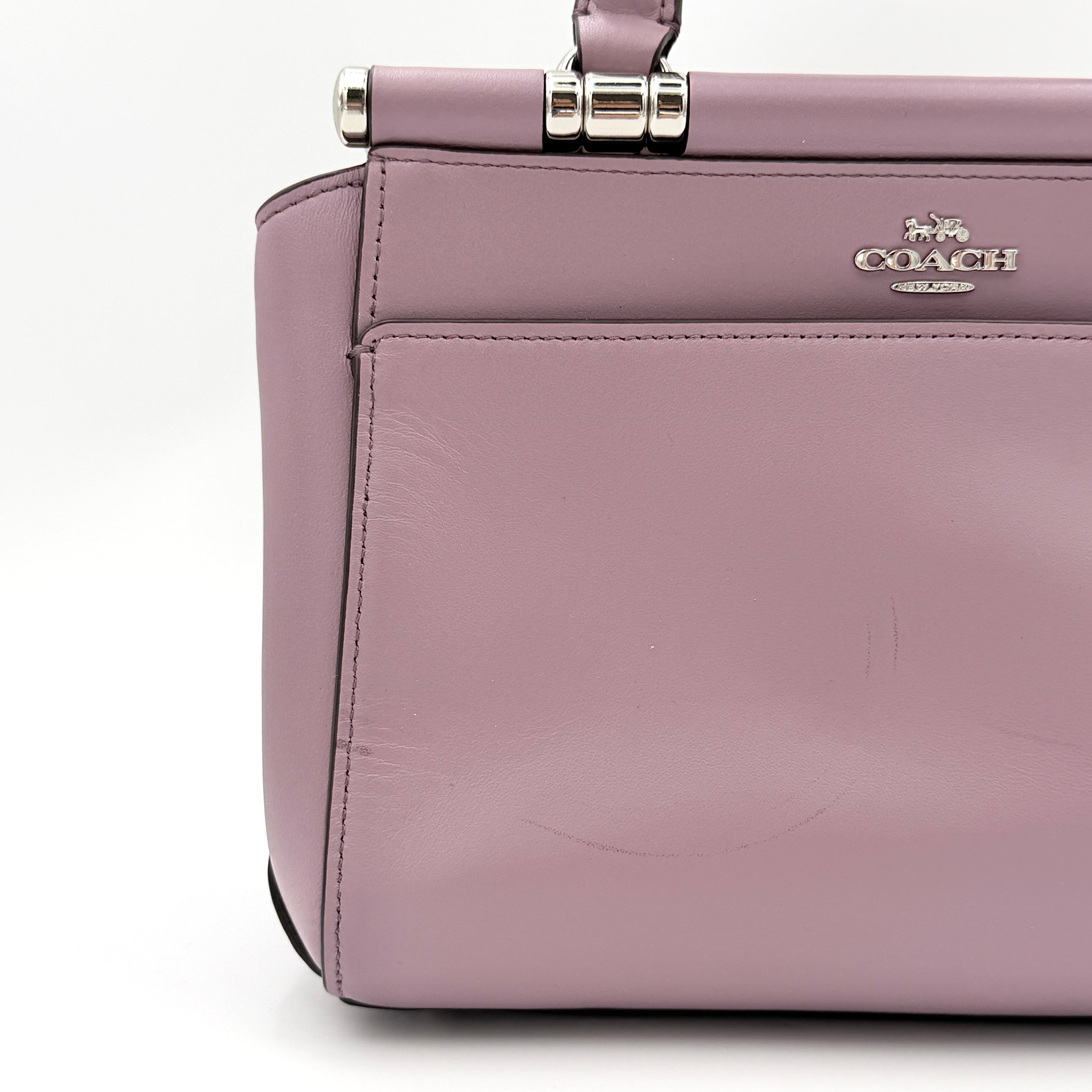 Coach Grace 20 bag in pink leather with silver hardware, shown with its detachable strap.