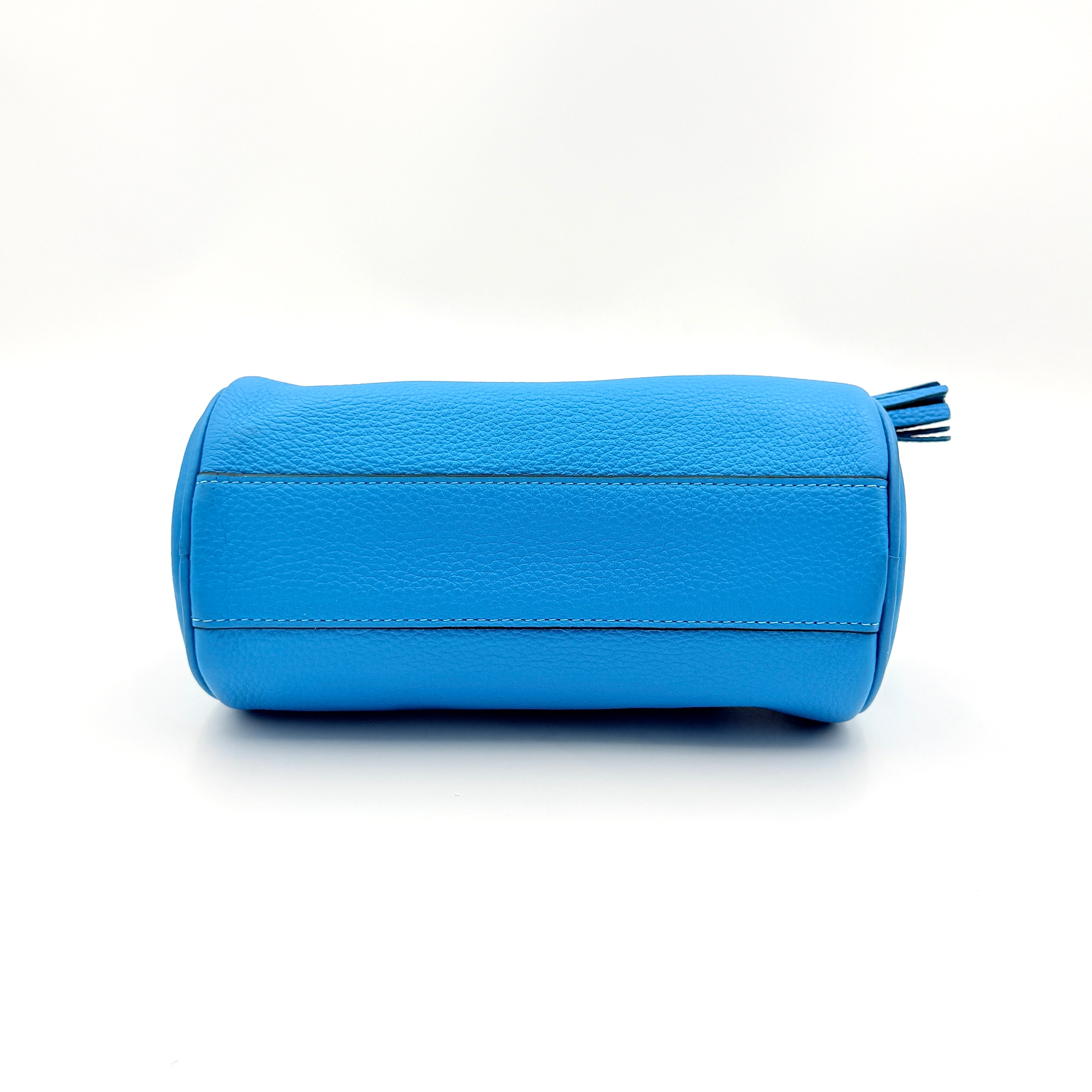 Coach 2Way Lacey Mini Boston Bag in blue pebbled leather with silver hardware and detachable strap, displayed against a clean background.
