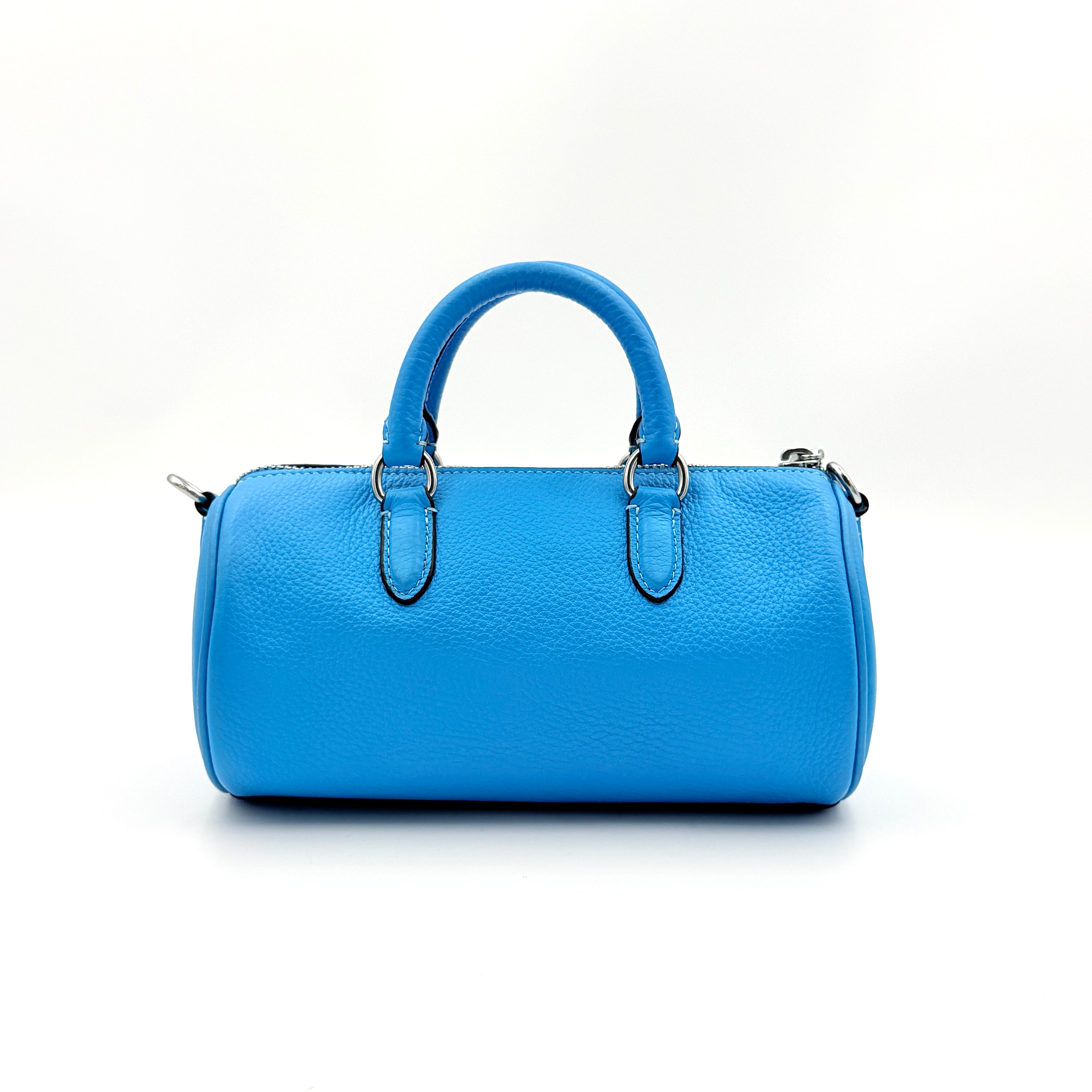 Coach 2Way Lacey Mini Boston Bag in blue pebbled leather with silver hardware and detachable strap, displayed against a clean background.