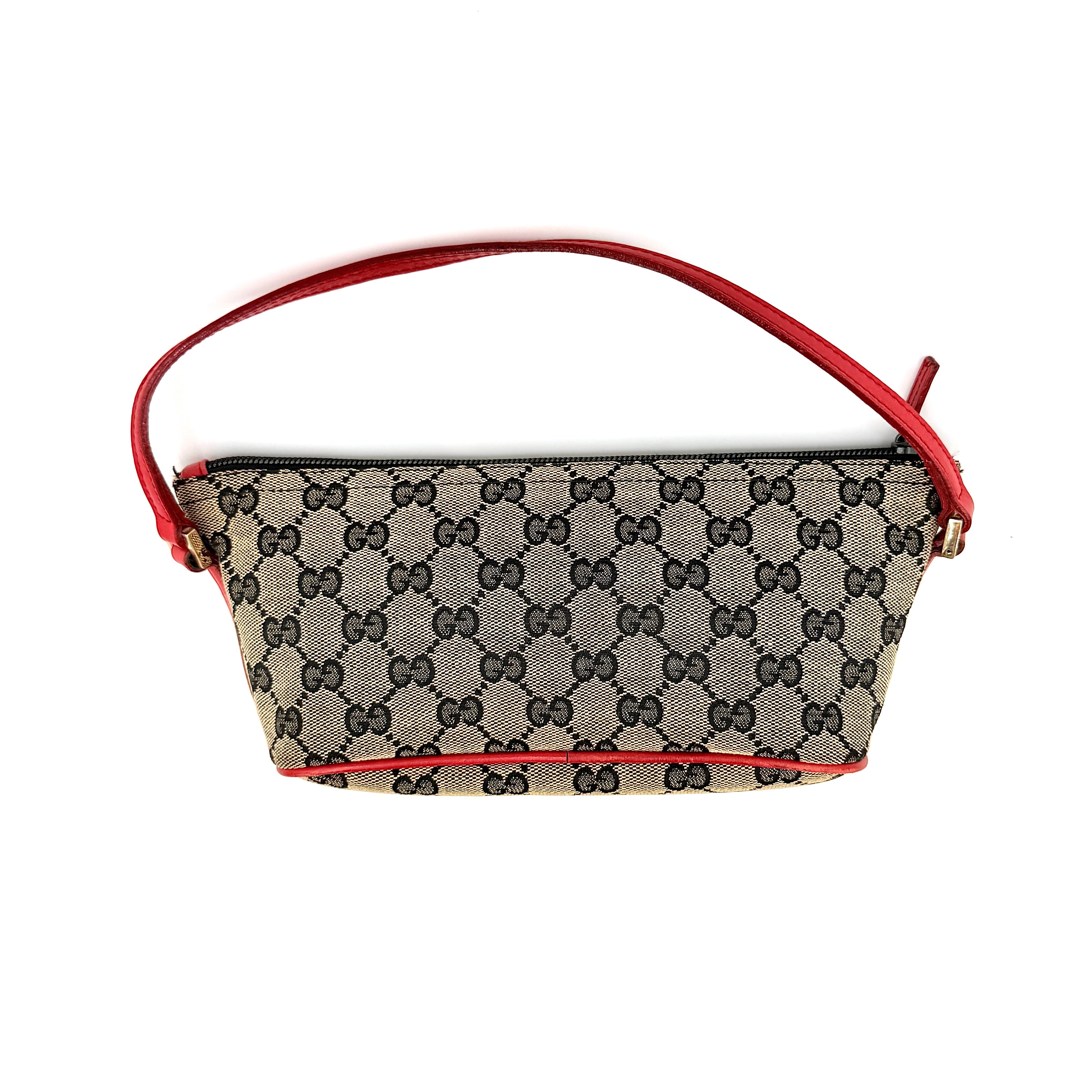 Gucci GG Monogram Pochette Boat Shoulder Bag in grey canvas with red leather trim and gold plaque, shown against a plain background.