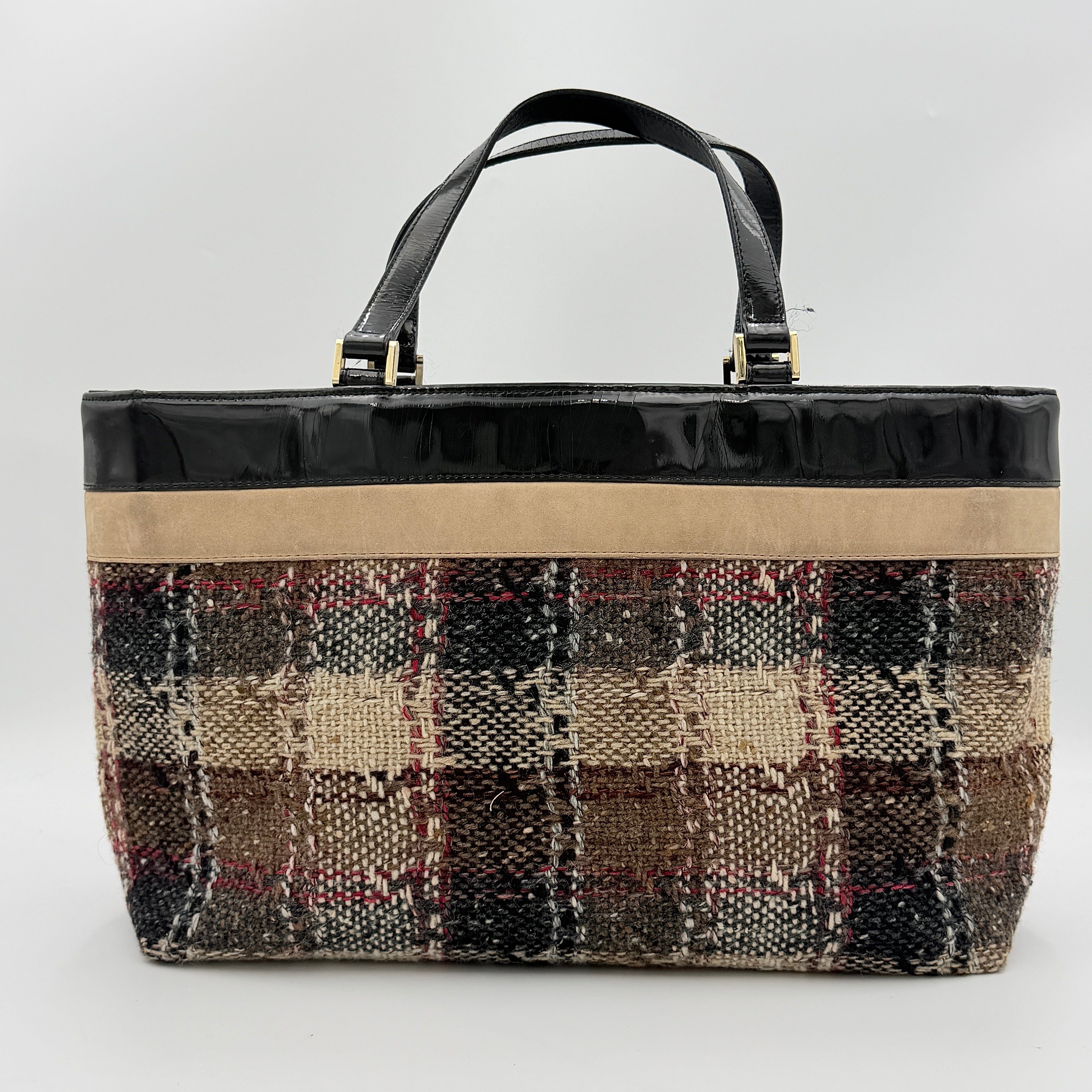 Burberry Nova Check Wool Shoulder Bag in beige and black wool with patent leather trim and double handles.