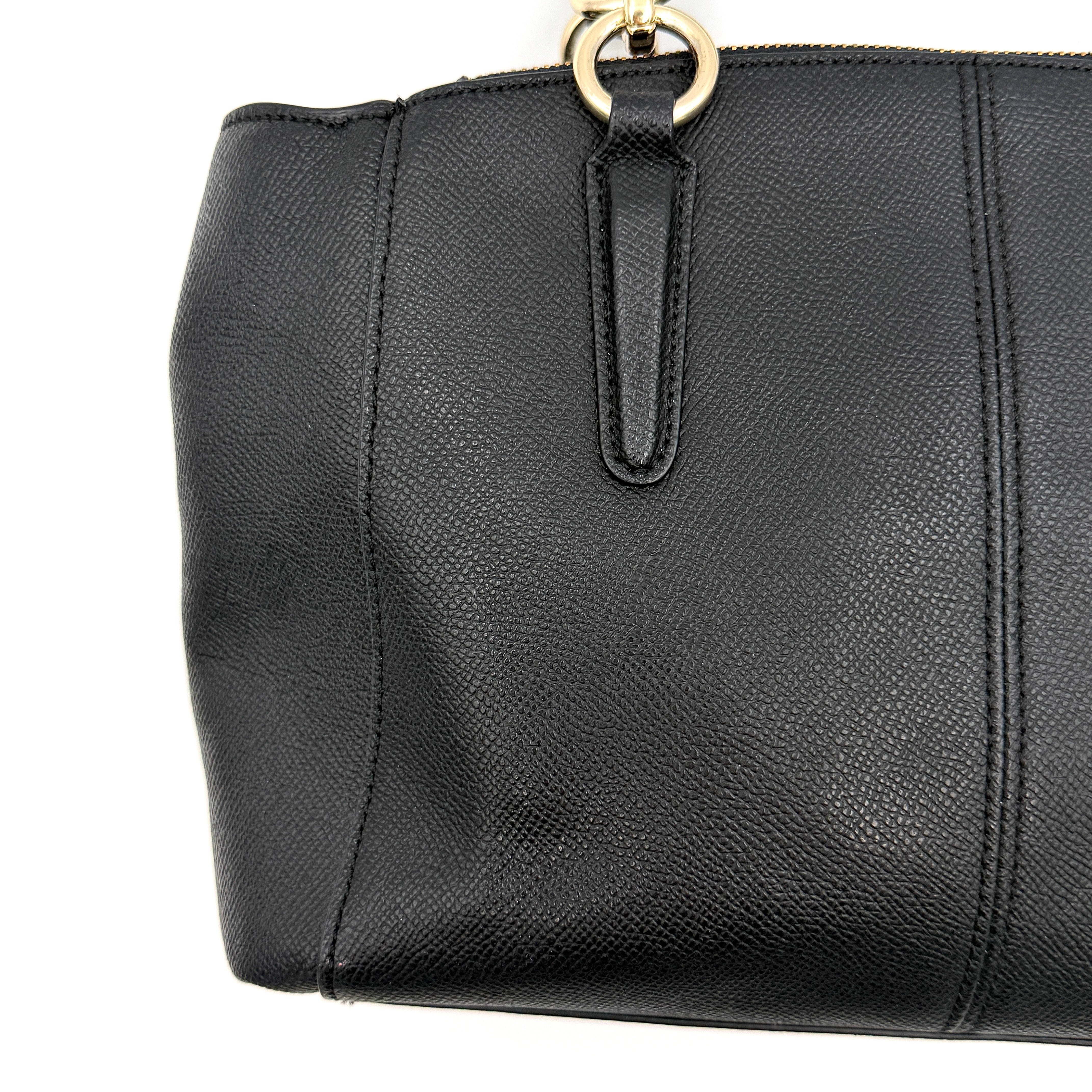 Coach 2Way Christie Carryall Handbag in black leather with gold hardware, detachable strap displayed alongside.