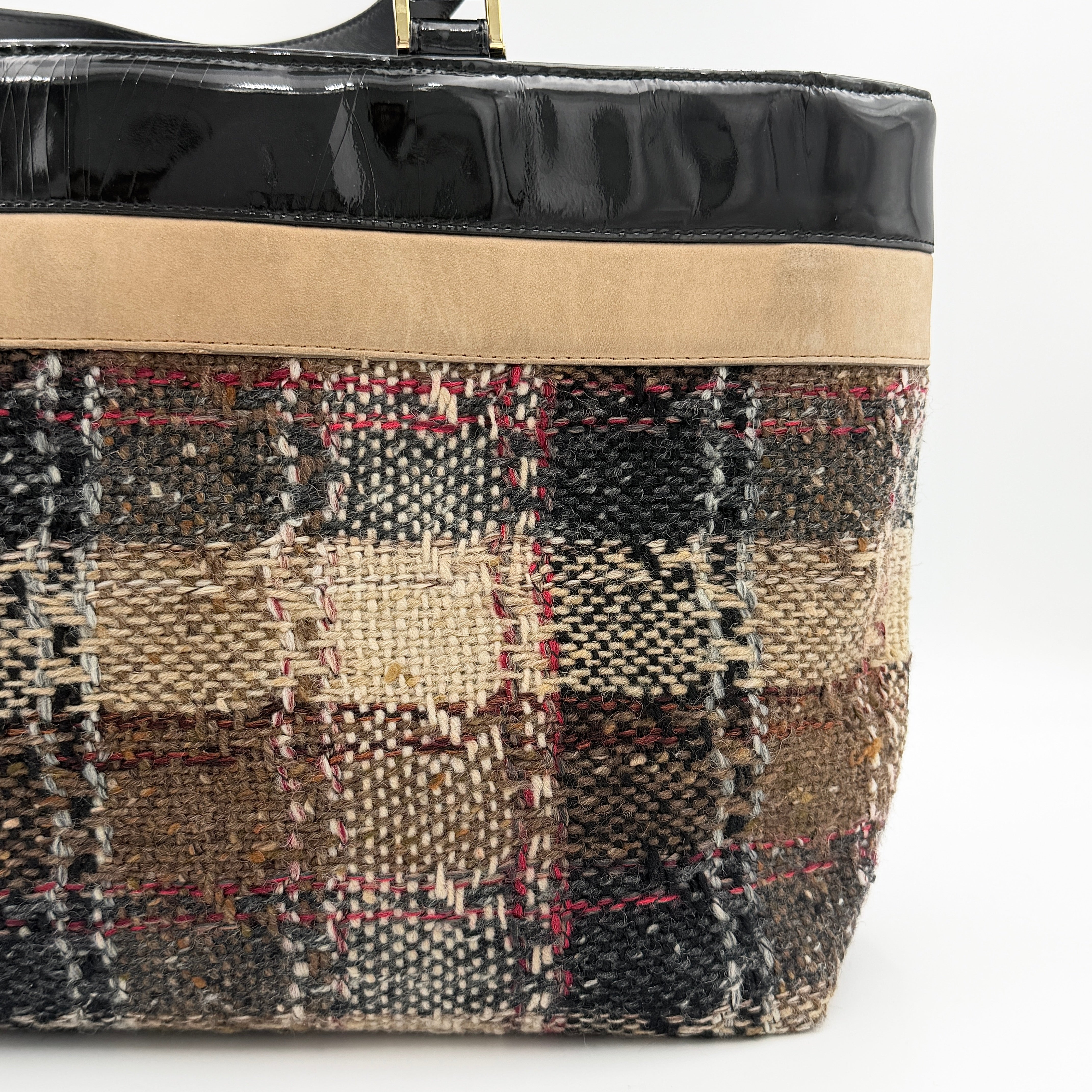 Burberry Nova Check Wool Shoulder Bag in beige and black wool with patent leather trim and double handles.