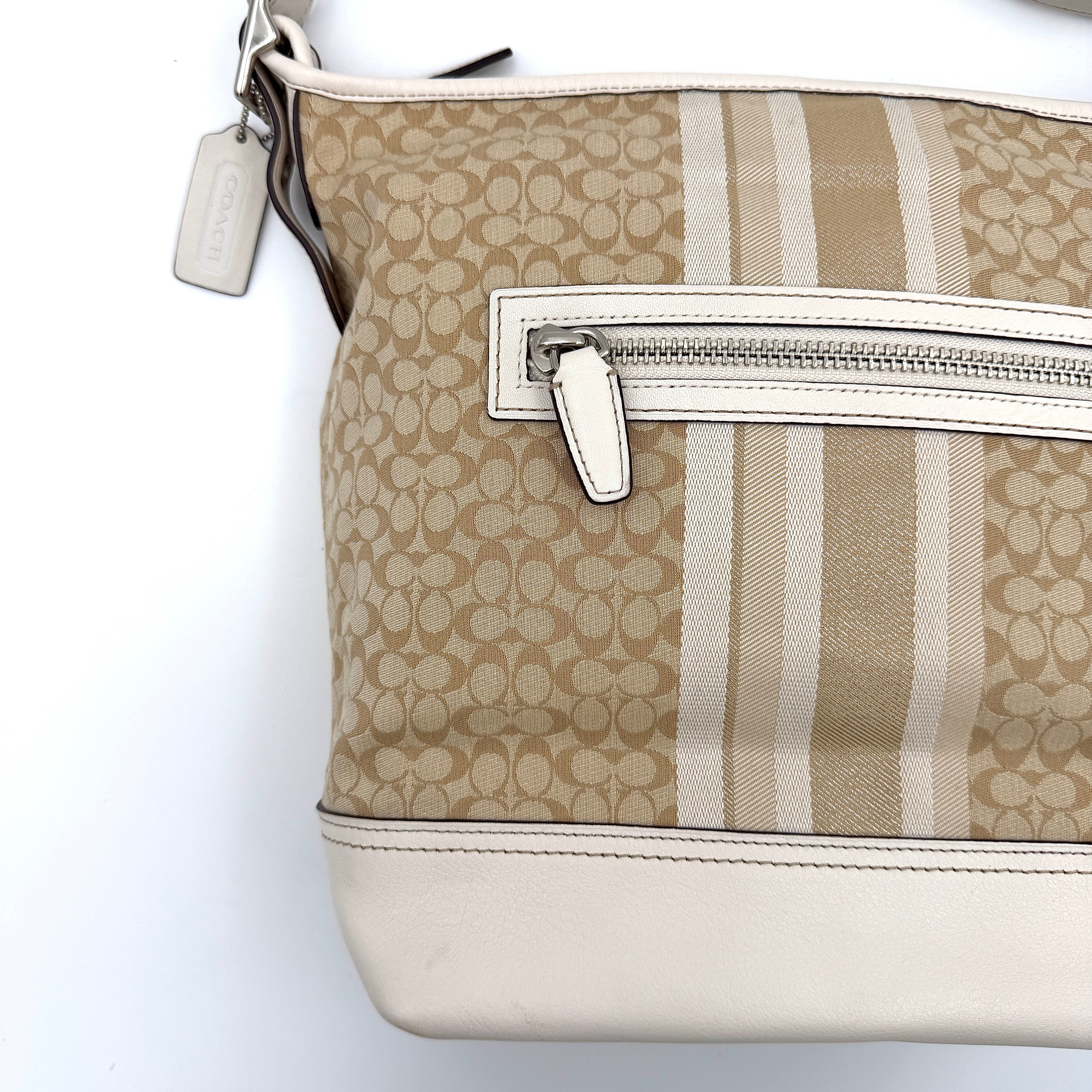 Coach Signature Stripe Duffle Legacy Crossbody Bag in khaki and cream with monogram pattern, central stripe, and adjustable leather strap.
