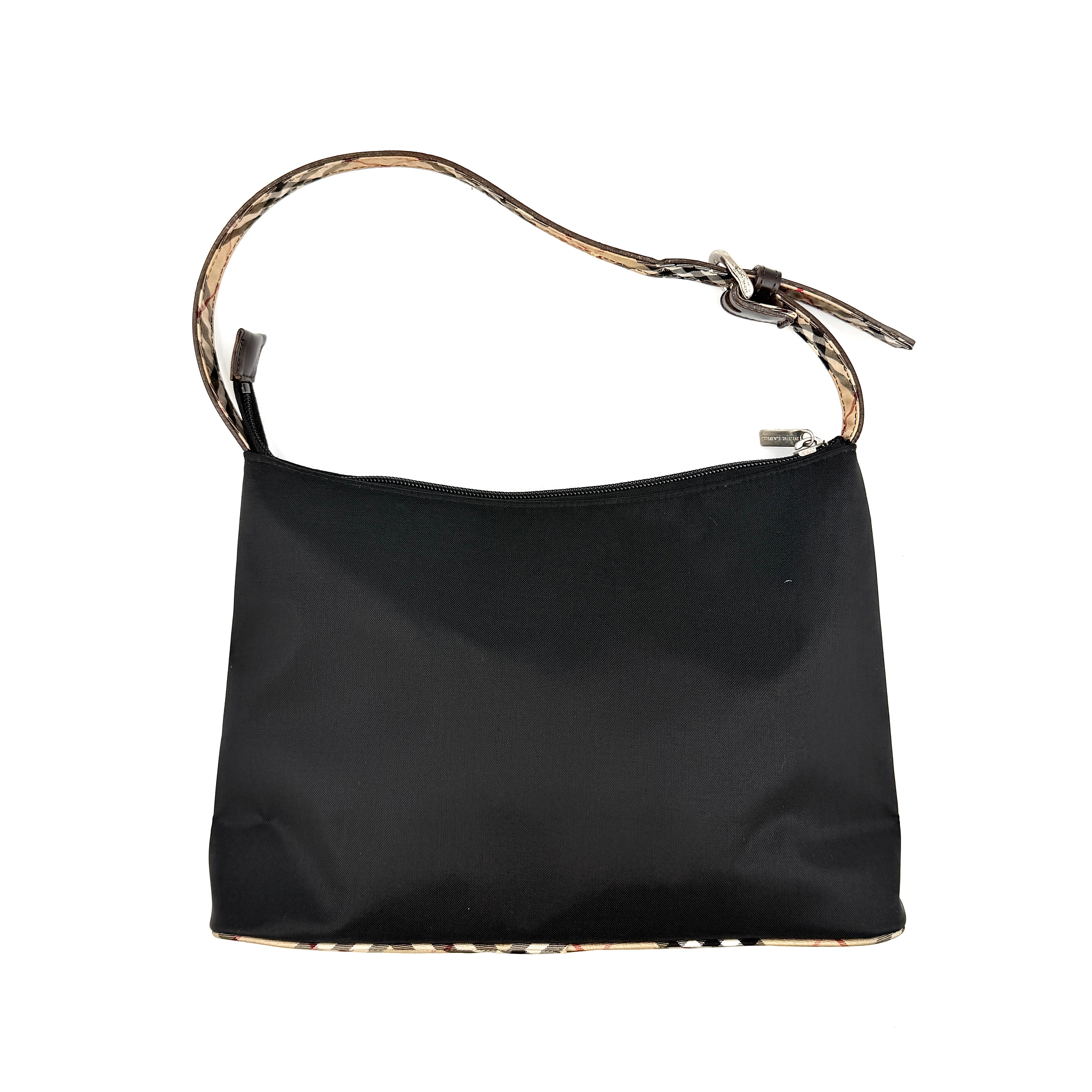 Front-facing Burberry Nova Check Nylon Shoulder Bag in black with Nova Check strap and base, shown against a clean background.