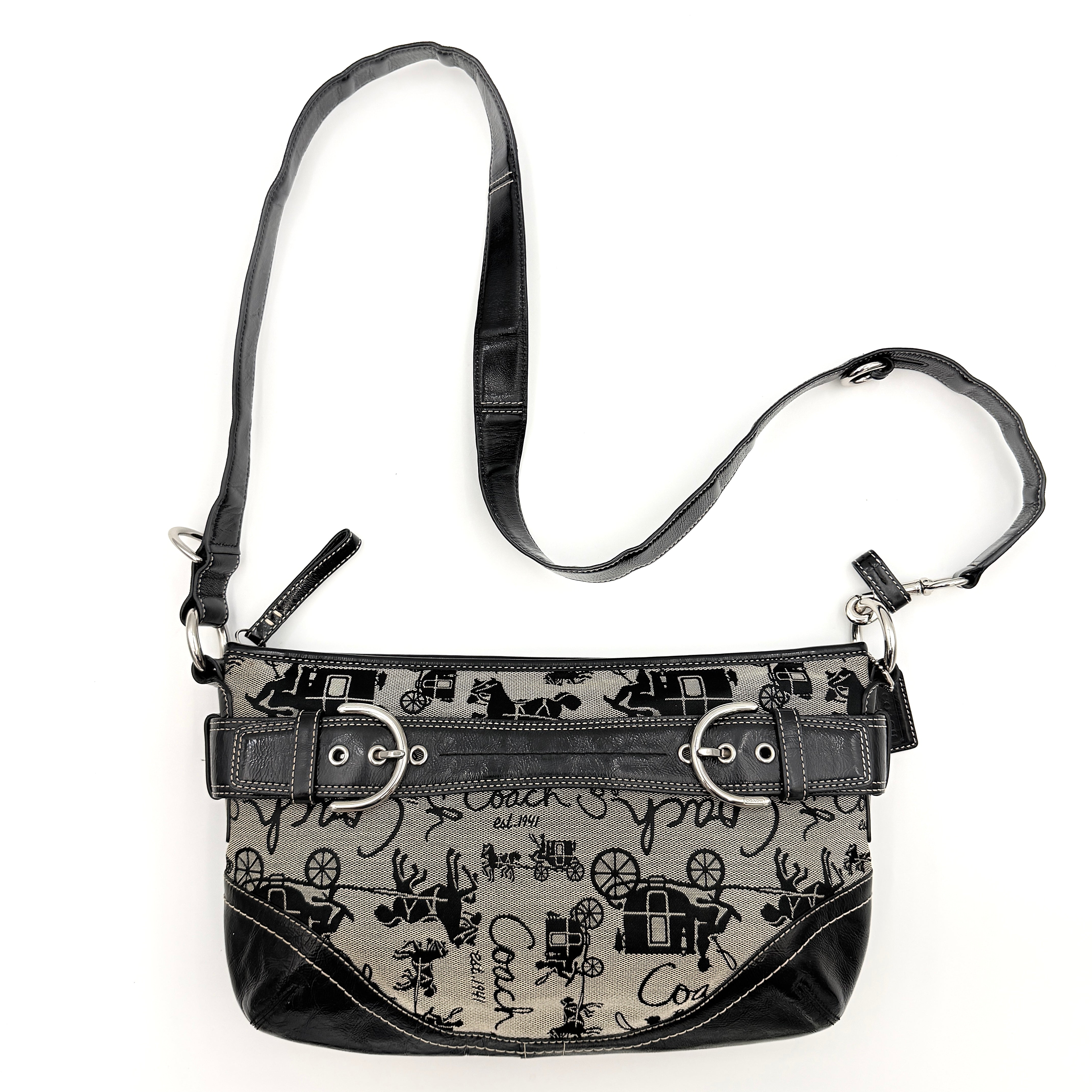 Coach 2Way Horse Carriage Sufflette Shoulder Bag in grey and black canvas with leather trim and adjustable strap.