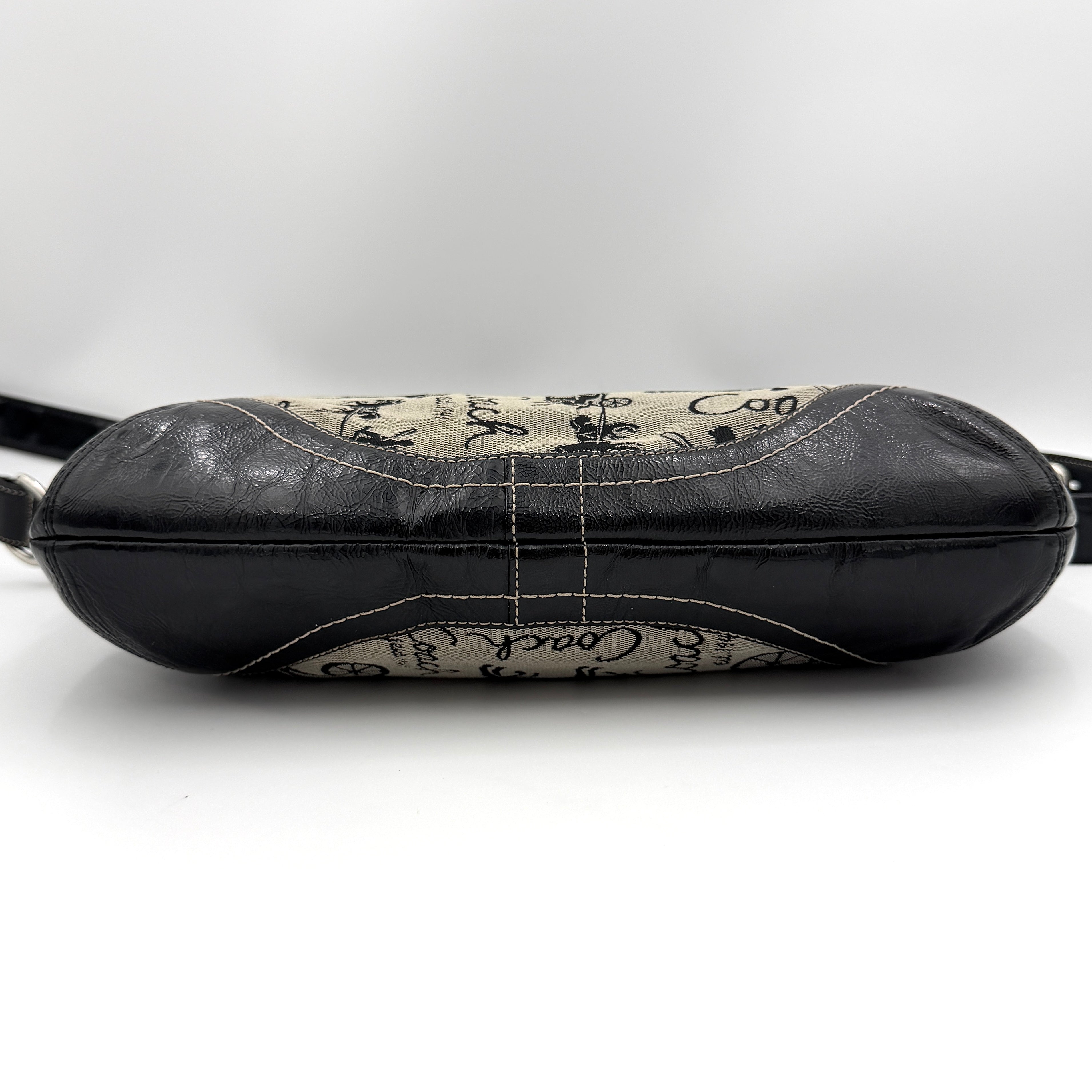 Coach 2Way Horse Carriage Sufflette Shoulder Bag in grey and black canvas with leather trim and adjustable strap.