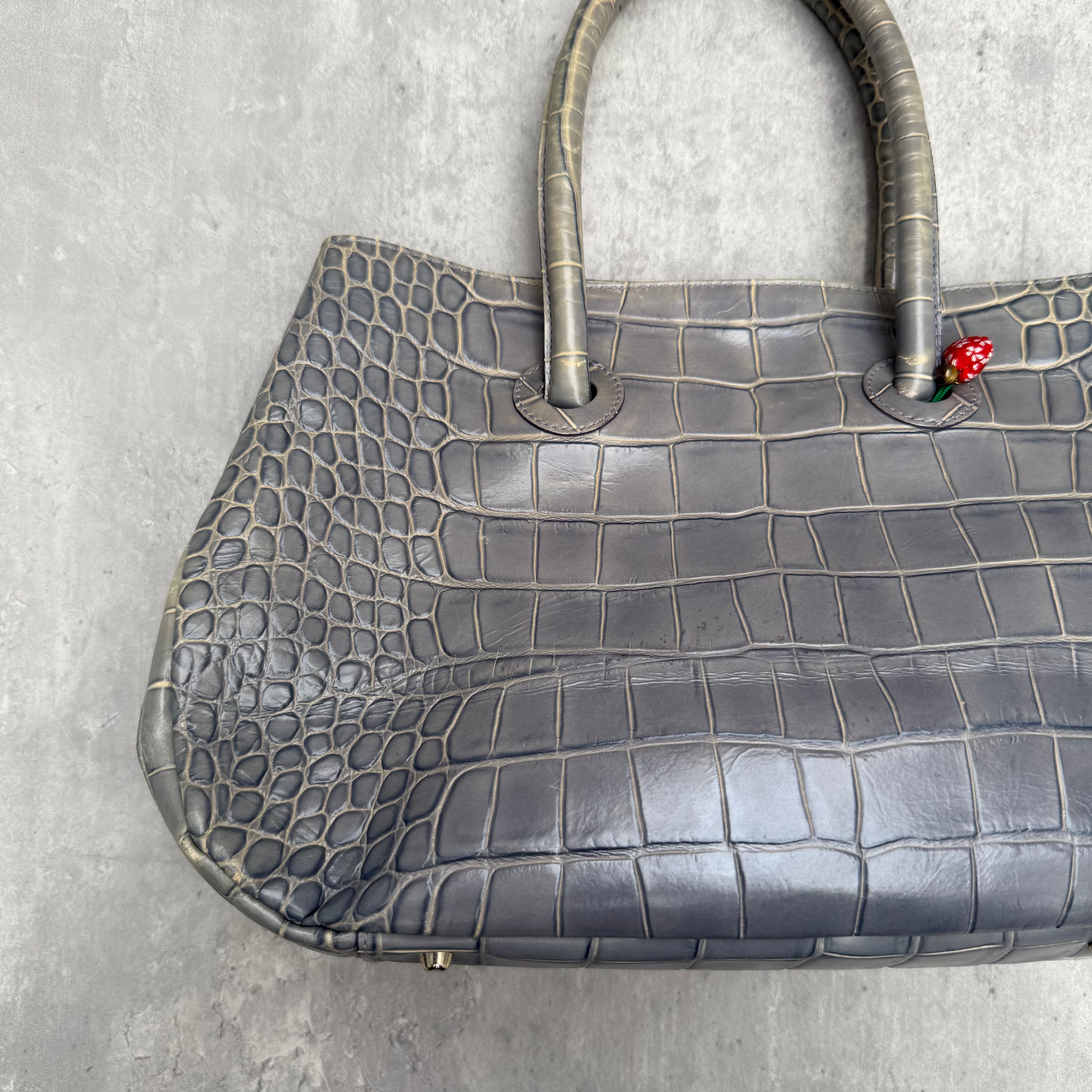 Furla Croc Embossed Leather Shoulder Tote Bag Sage Green