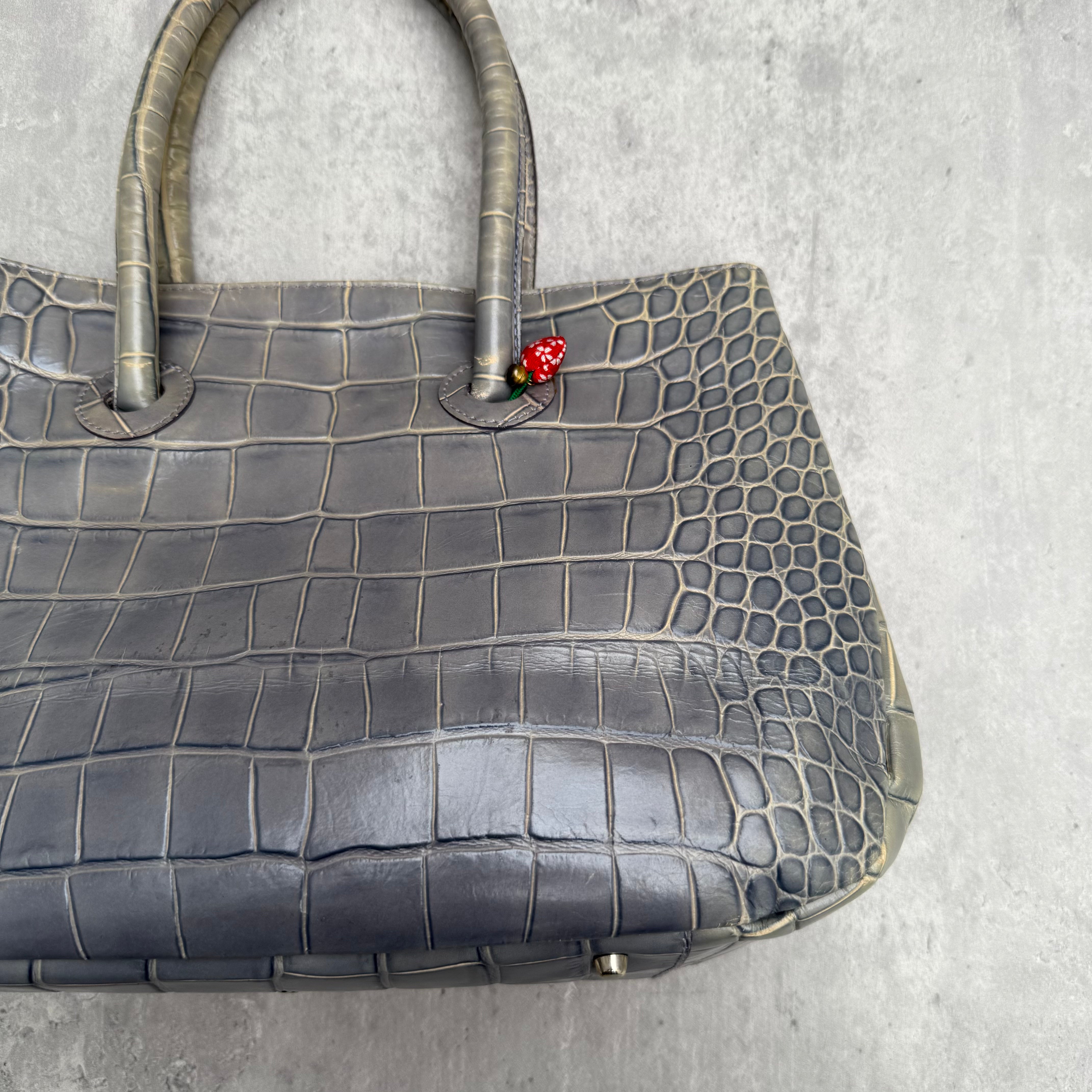 Furla Croc Embossed Leather Shoulder Tote Bag Sage Green