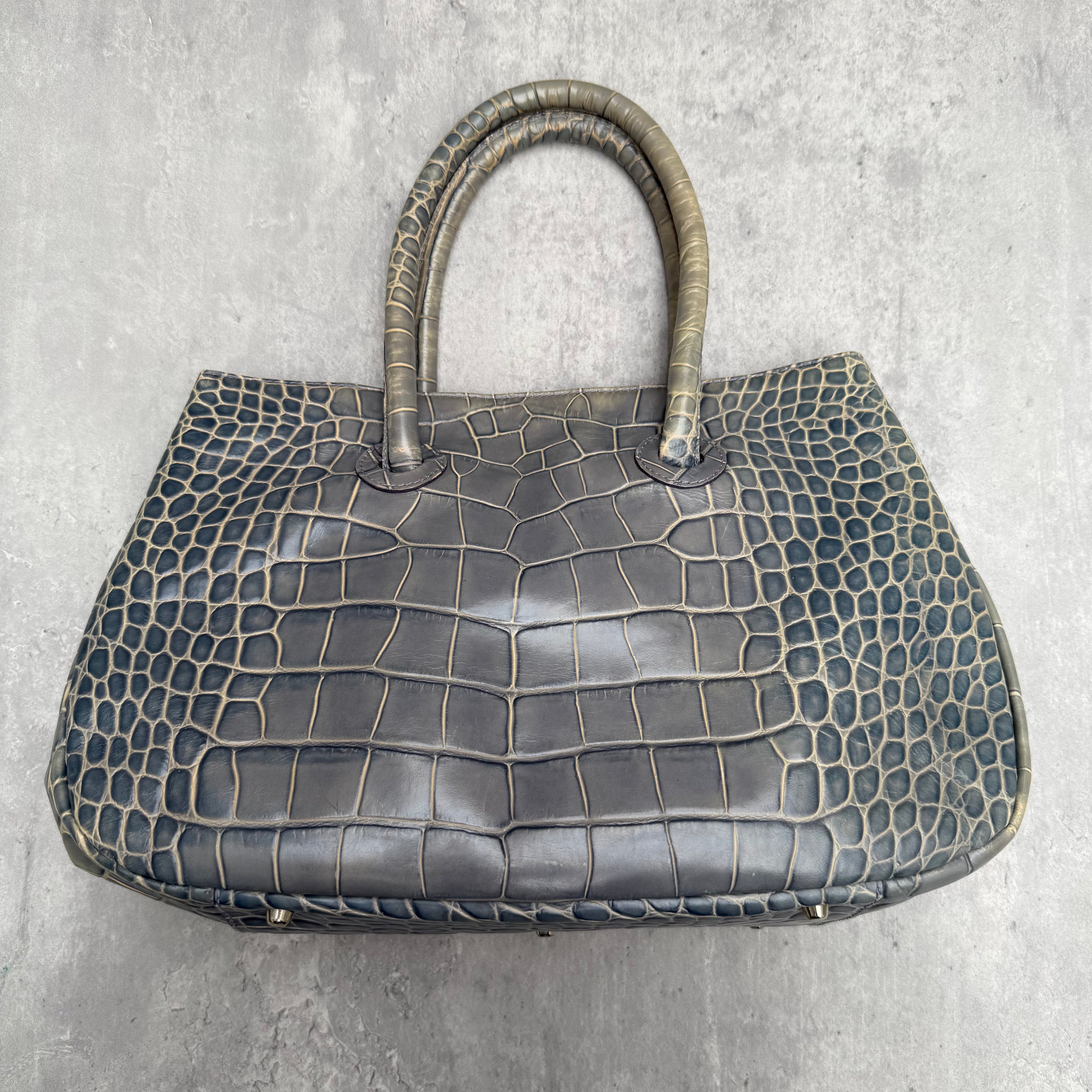Furla Croc Embossed Leather Shoulder Tote Bag Sage Green
